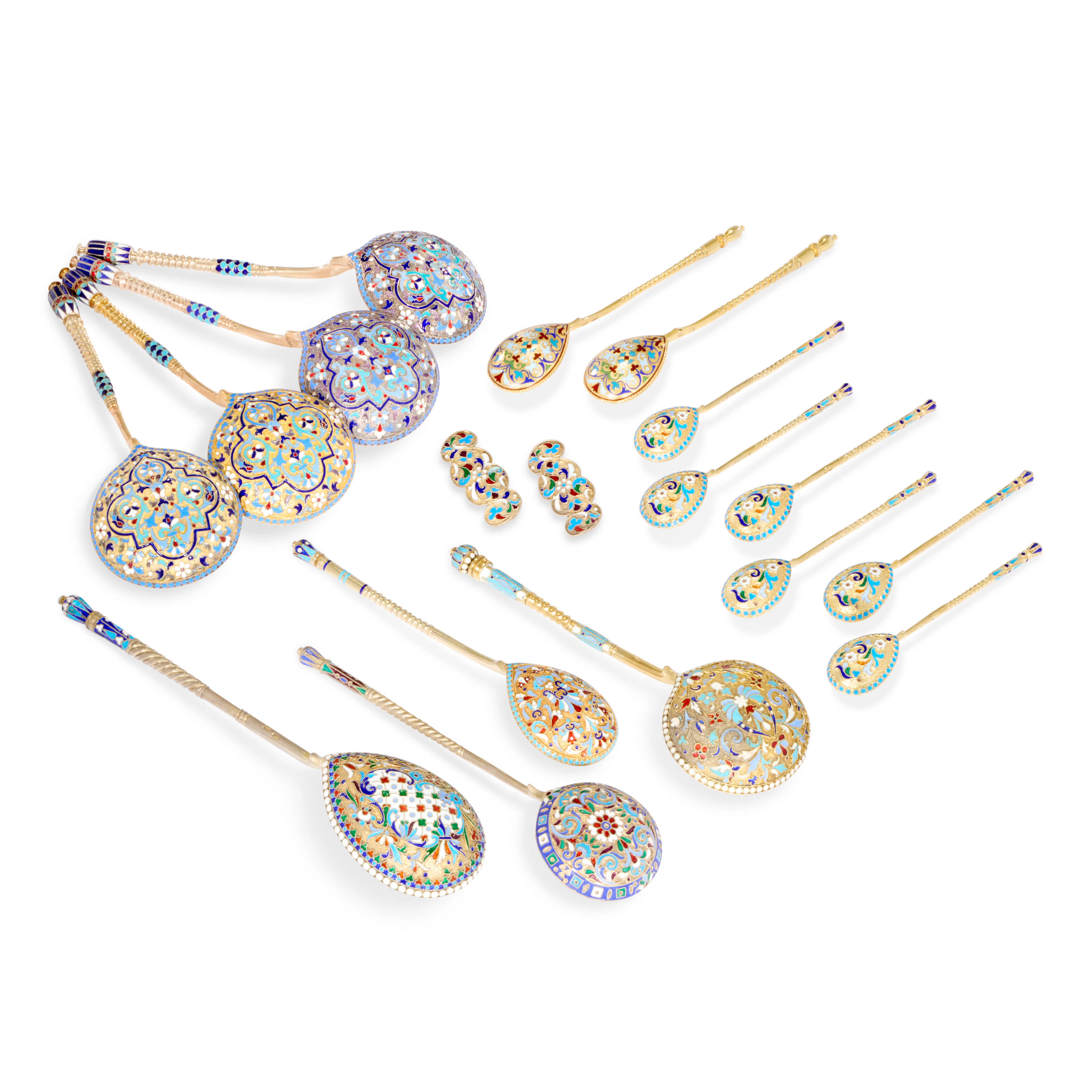 A Group of Sixteen Russian Cloisonné and Champlevé Enamel Silver-Gilt