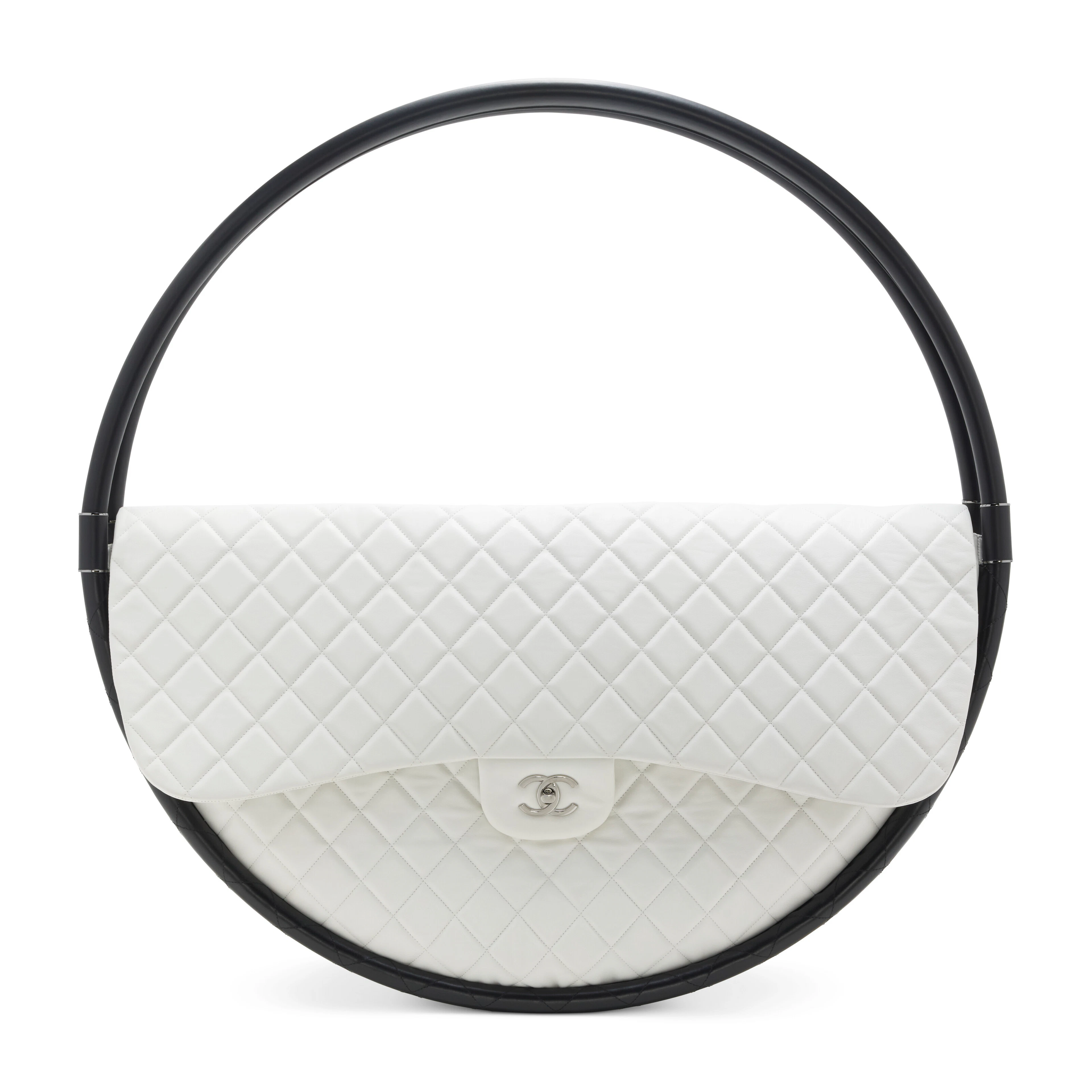 A Runway White Lambskin Leather Large Hula Hoop Bag with Silver Hardware
