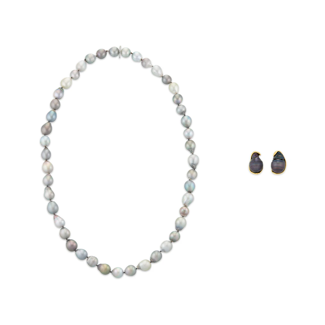 Mish Baroque Cultured Pearl Longchain Necklace and Pair of Unsigned