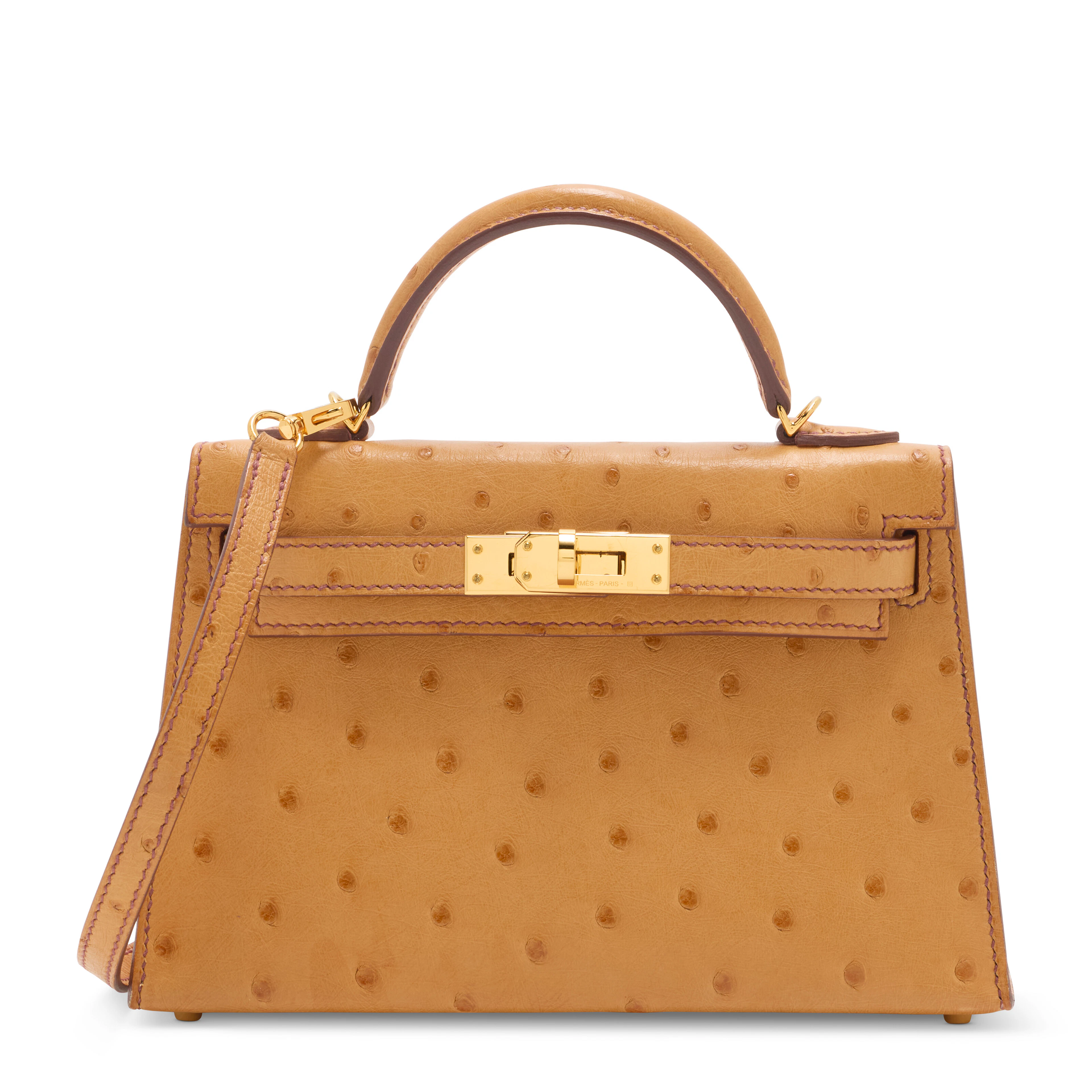 A Cognac Ostrich Mini Kelly 20 Ii with Gold Hardware