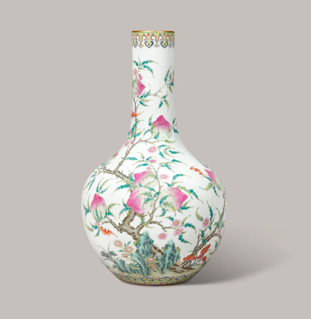 A Very Rare and Superbly Painted Small Famille Rose ‘Peach and Bat’
