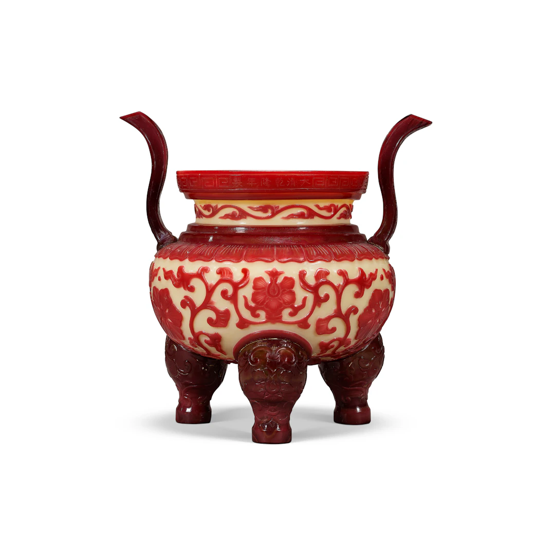 A Very Rare Imperial Ruby-Red Overlay Glass Tripod Censer