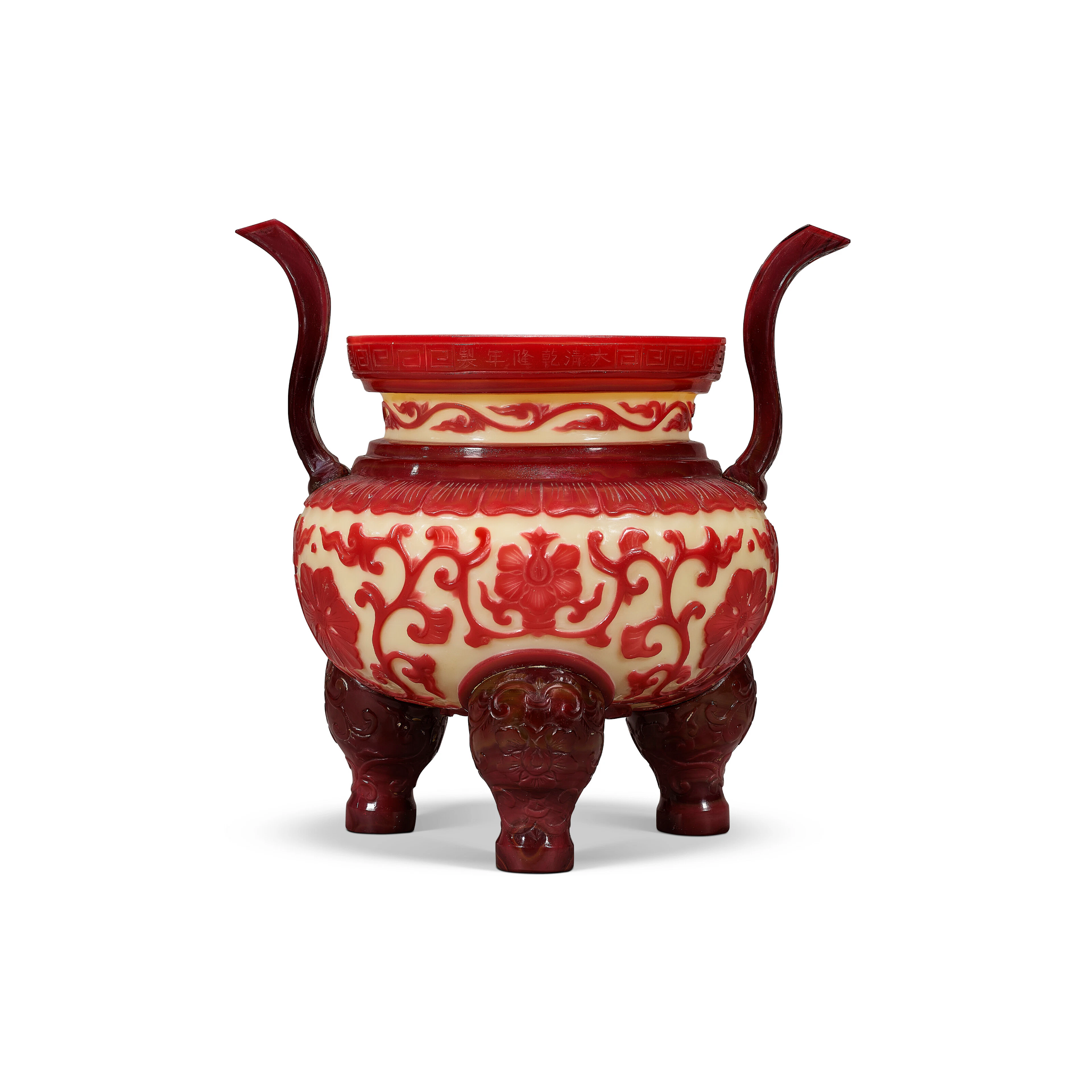 A Very Rare Imperial Ruby-Red Overlay Glass Tripod Censer
