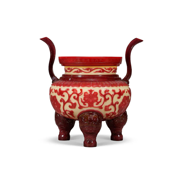 A Very Rare Imperial Ruby-Red Overlay Glass Tripod Censer