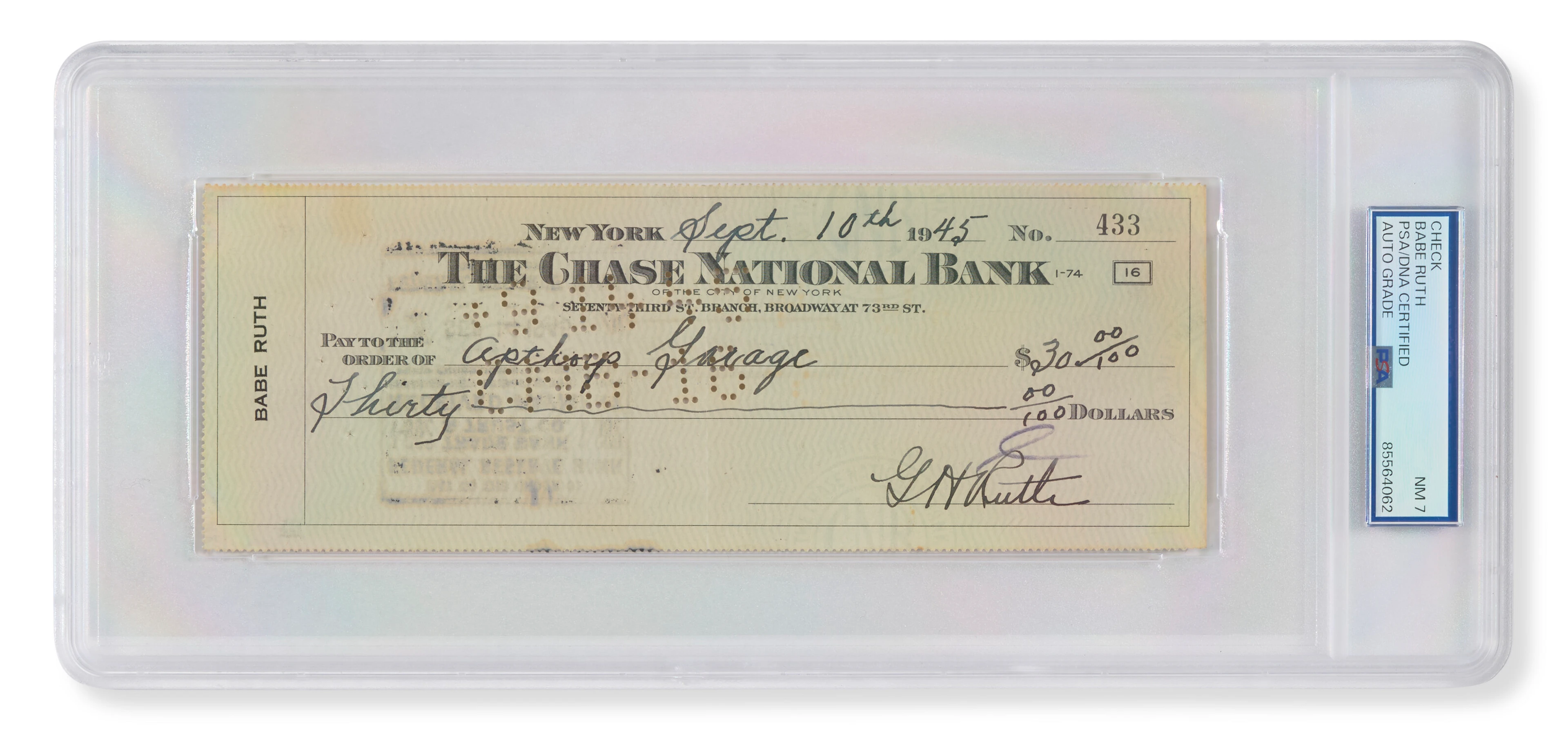 BABE RUTH AUTOGRAPHED PERSONAL CHECK (PSA/DNA 7 NM)
