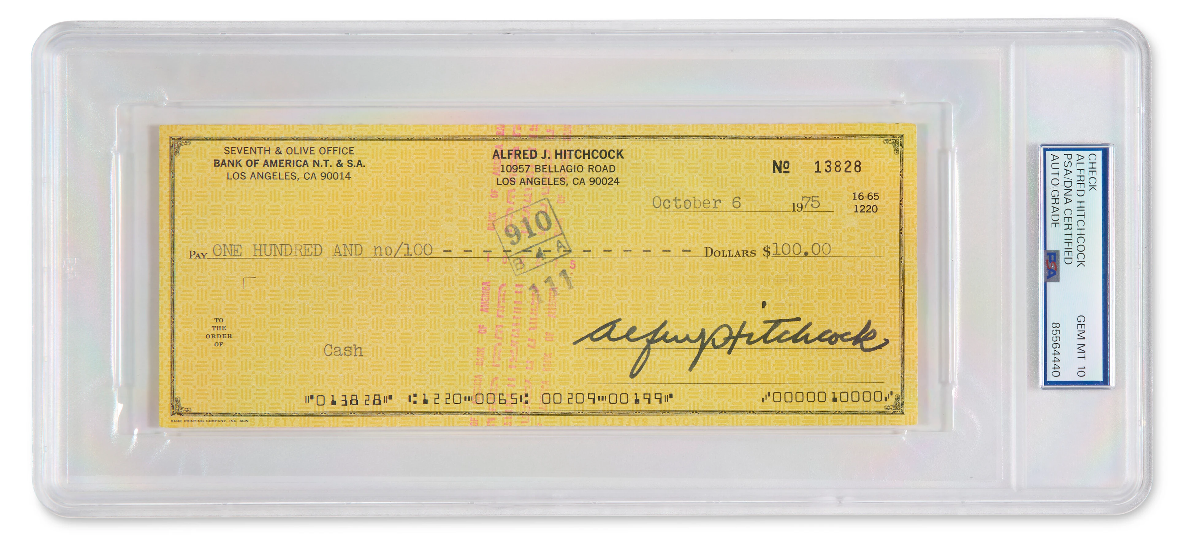 AN ALFRED HITCHCOCK SIGNED CHECK (PSA DNA GEM MT 10)