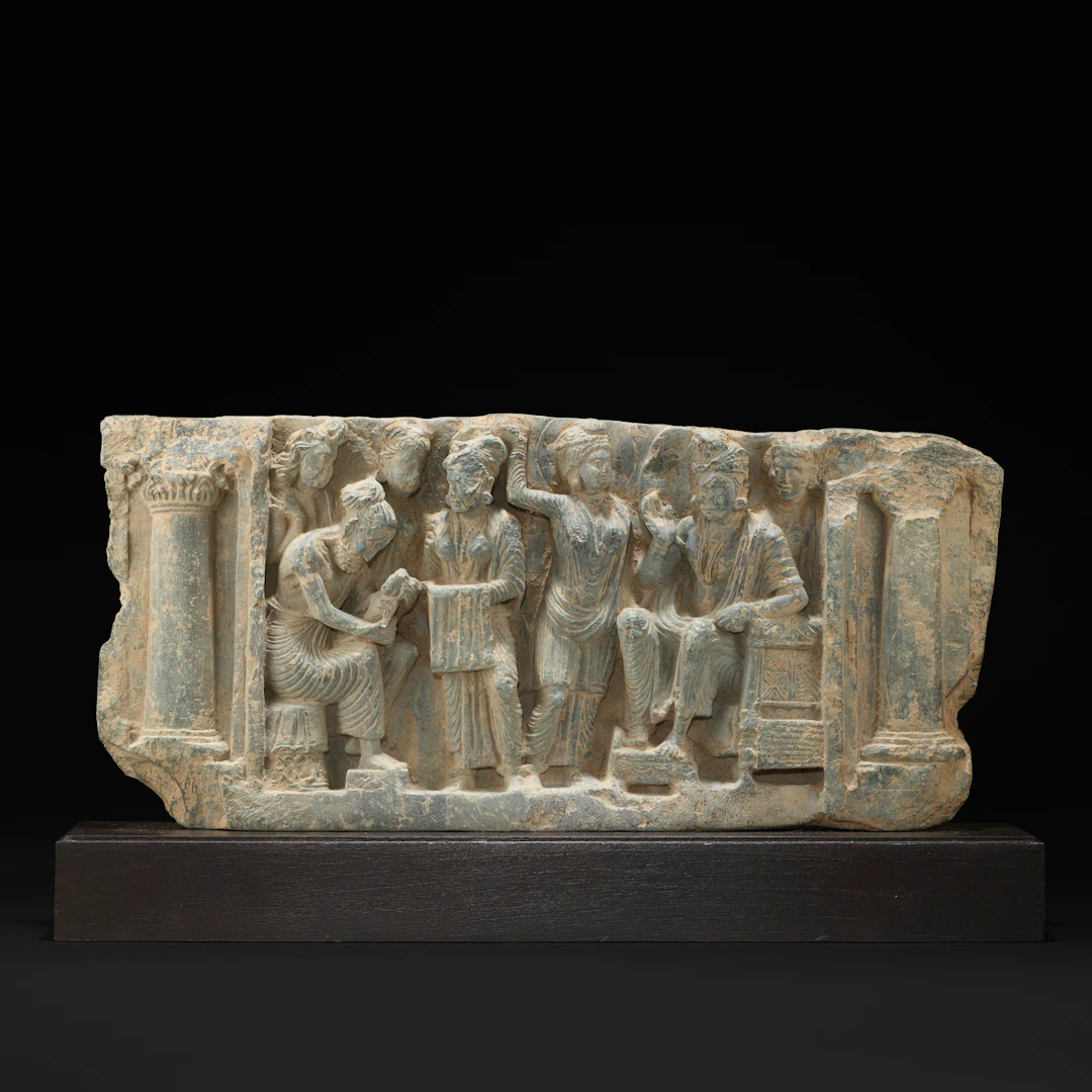 A Grey Schist Relief Panel of Asita Predicting Siddhartha’s Destiny