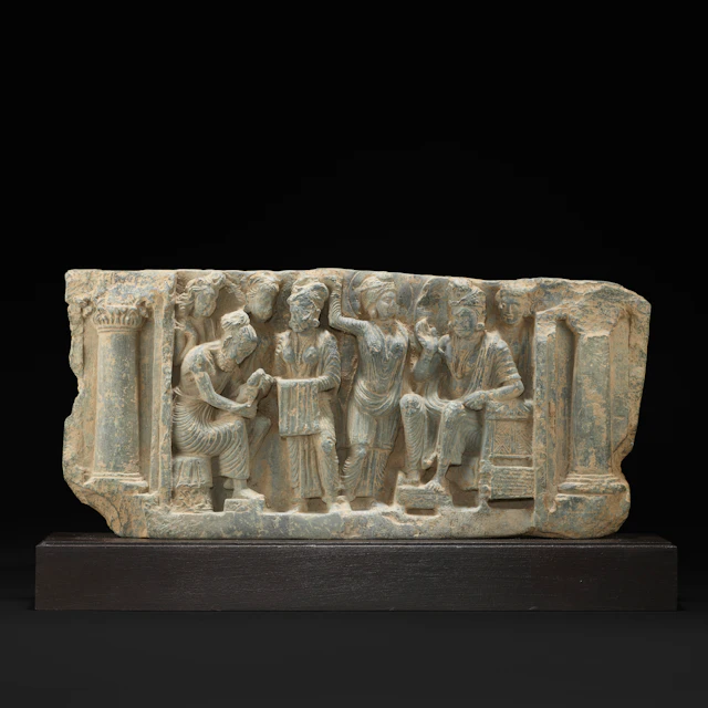 A Grey Schist Relief Panel of Asita Predicting Siddhartha’s Destiny