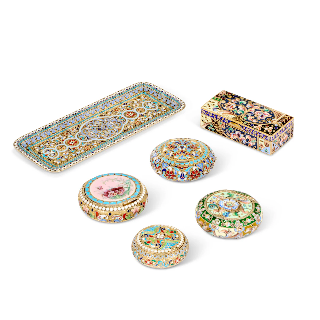 A Group of Five Russian Cloisonné Enamel Silver-Gilt Pill Boxes and a Tray