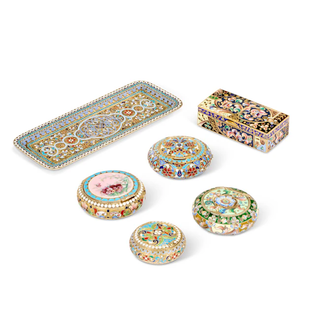 A Group of Five Russian Cloisonné Enamel Silver-Gilt Pill Boxes and a Tray
