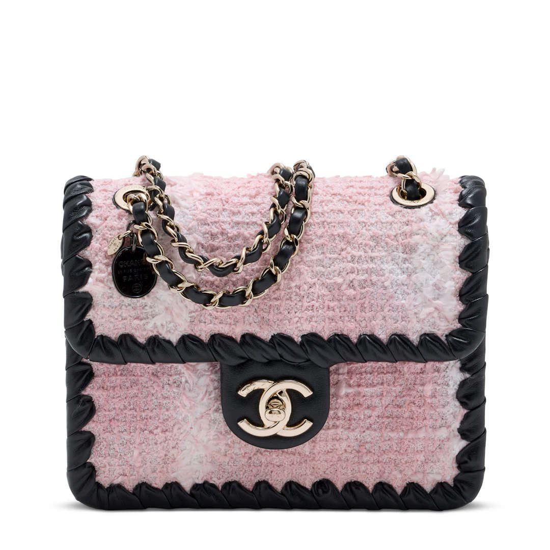 A Black Lambskin Leather & Pink Tweed Mini Flap Bag with Silver Hardware