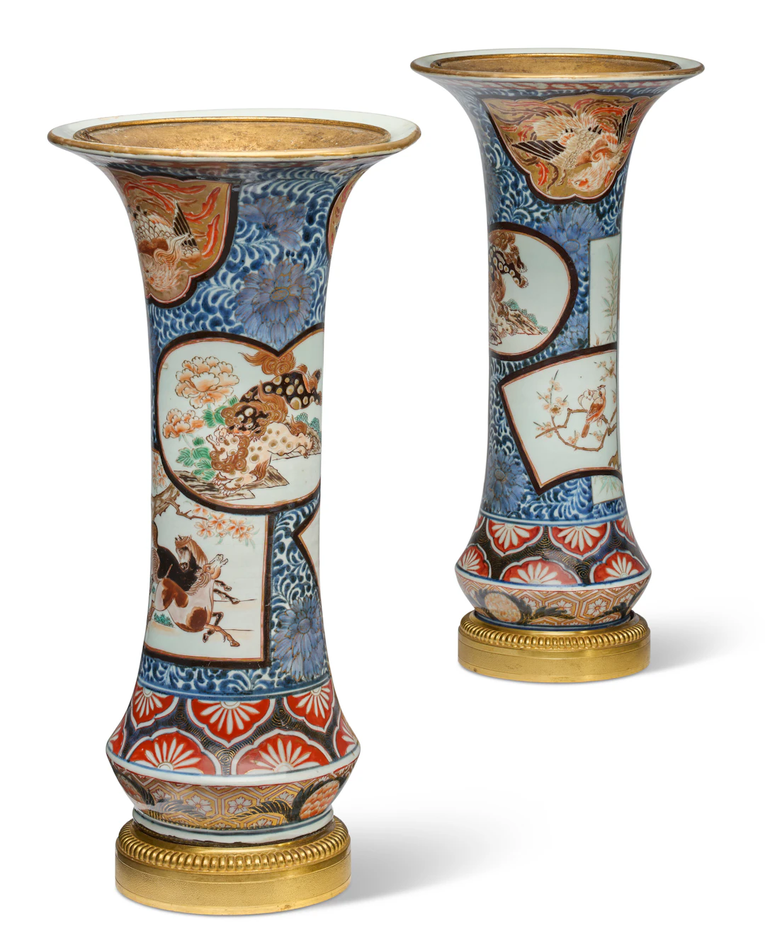 A Pair of Ormolu-Mounted Japanese Imari Porcelain Beaker Vases