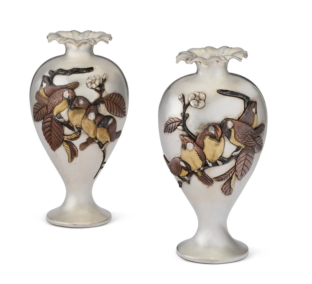A Pair of Japanese Silver and Mixed-Metal Vases