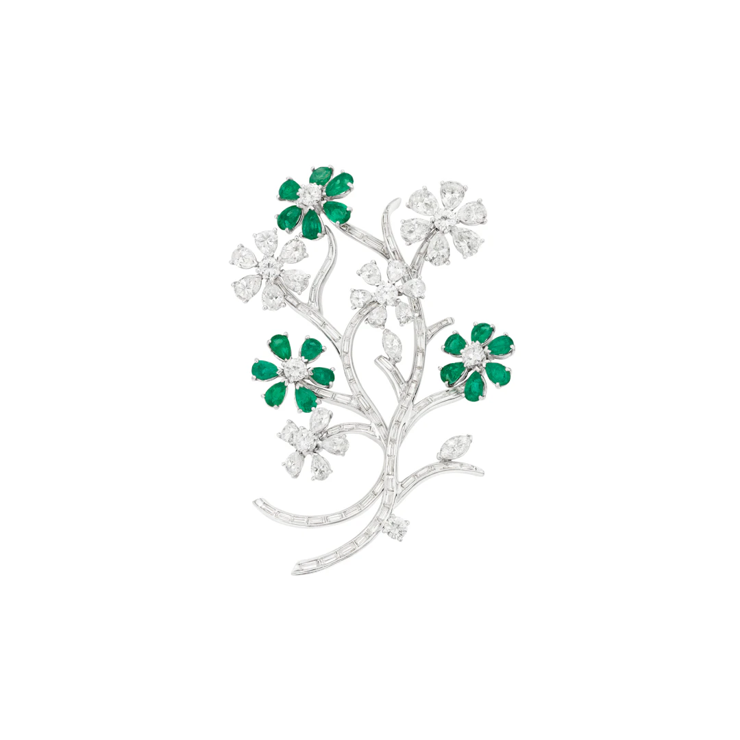 Emerald and Diamond Flower Brooch
