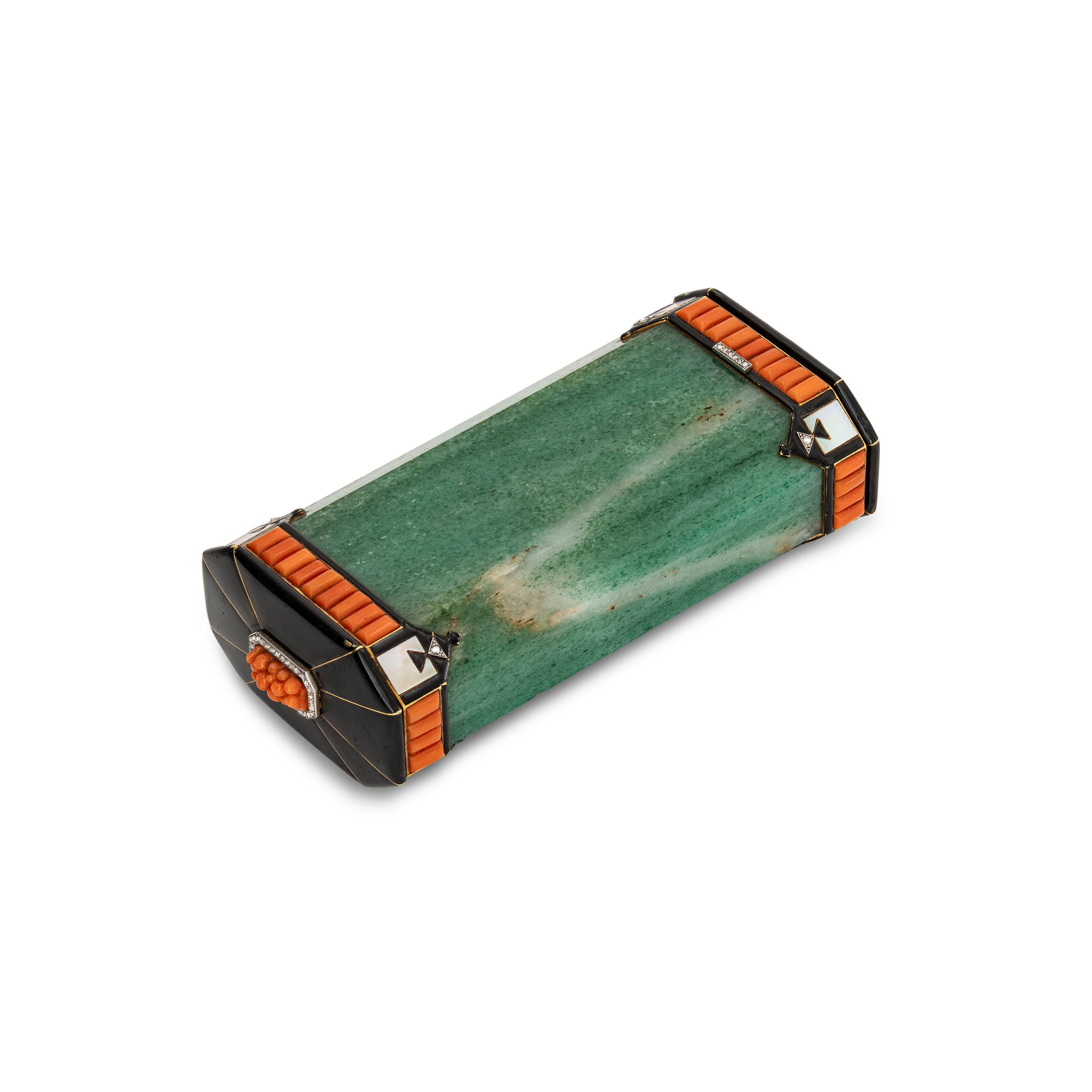 Cartier Art Deco Aventurine, Coral, Mother-Of-Pearl, Diamond and Enamel Case