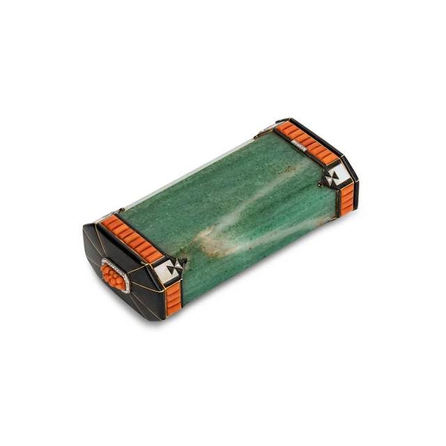 Cartier Art Deco Aventurine, Coral, Mother-Of-Pearl, Diamond and Enamel Case