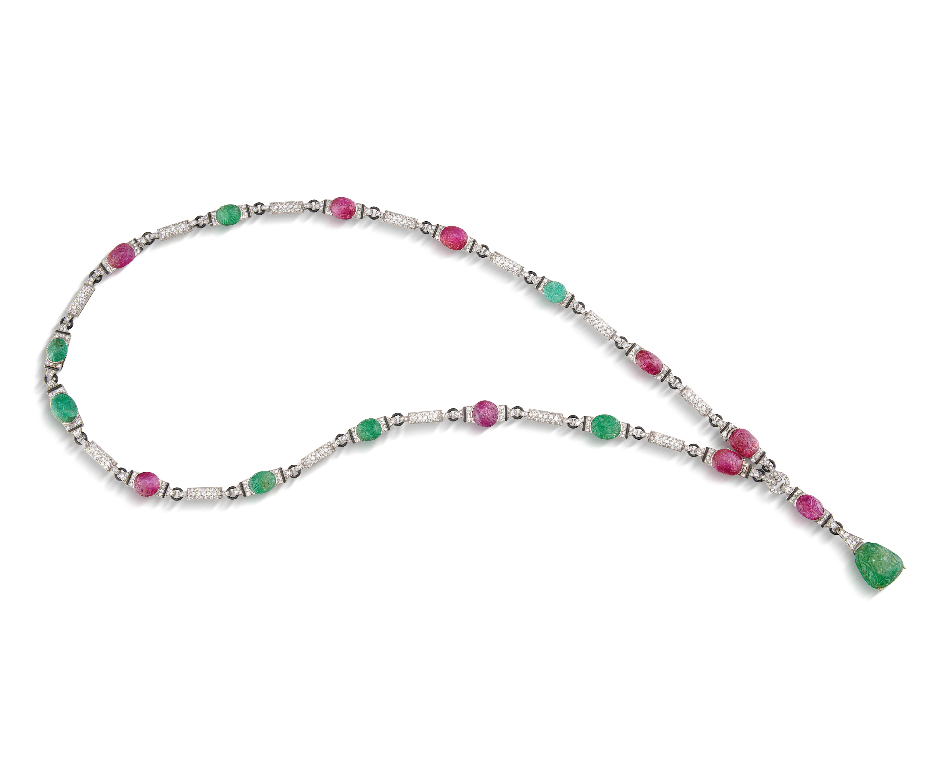 CHAUMET ART DECO RUBY, EMERALD, DIAMOND AND ENAMEL SAUTOIR