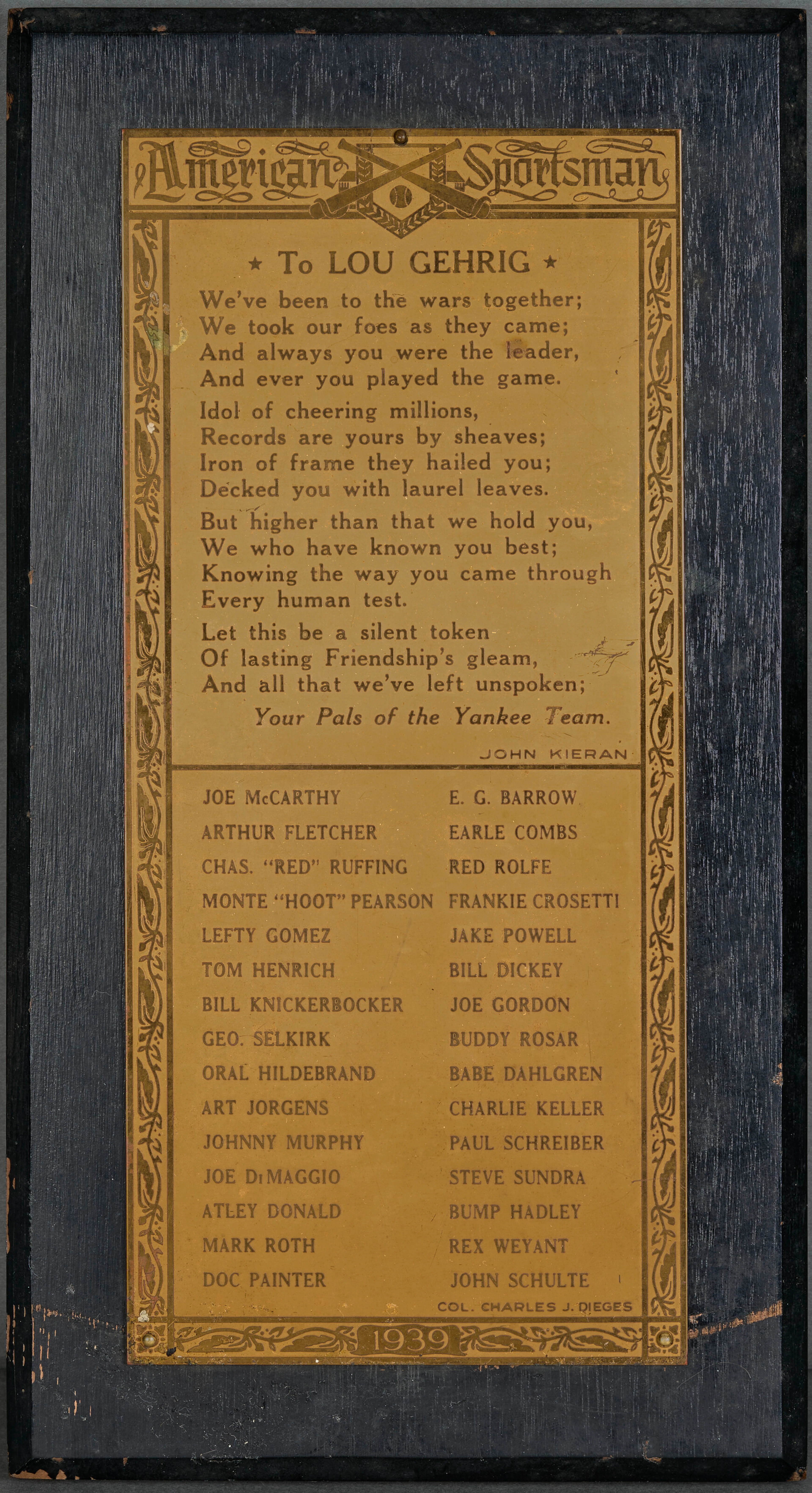 RARE LOU GEHRIG DAY COMMEMORATIVE PRESENTATIONAL PLAQUE