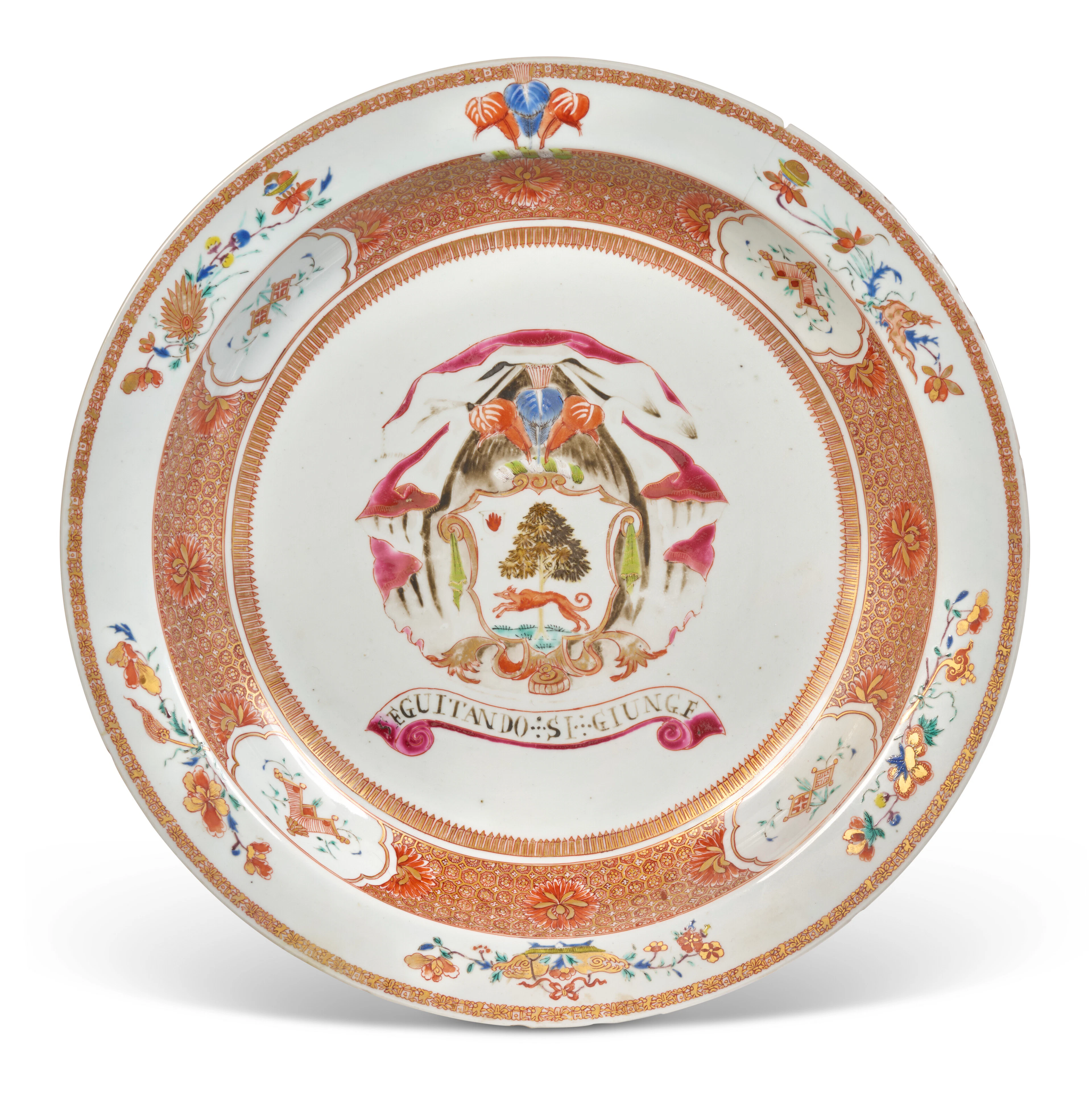 A Large Chinese Export Porcelain ‘English Market’ Armorial Basin