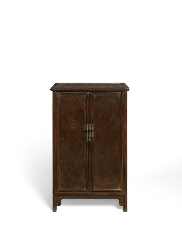 A Rare Huamu Burl and Huanghuali Sloping-Stile Cabinet