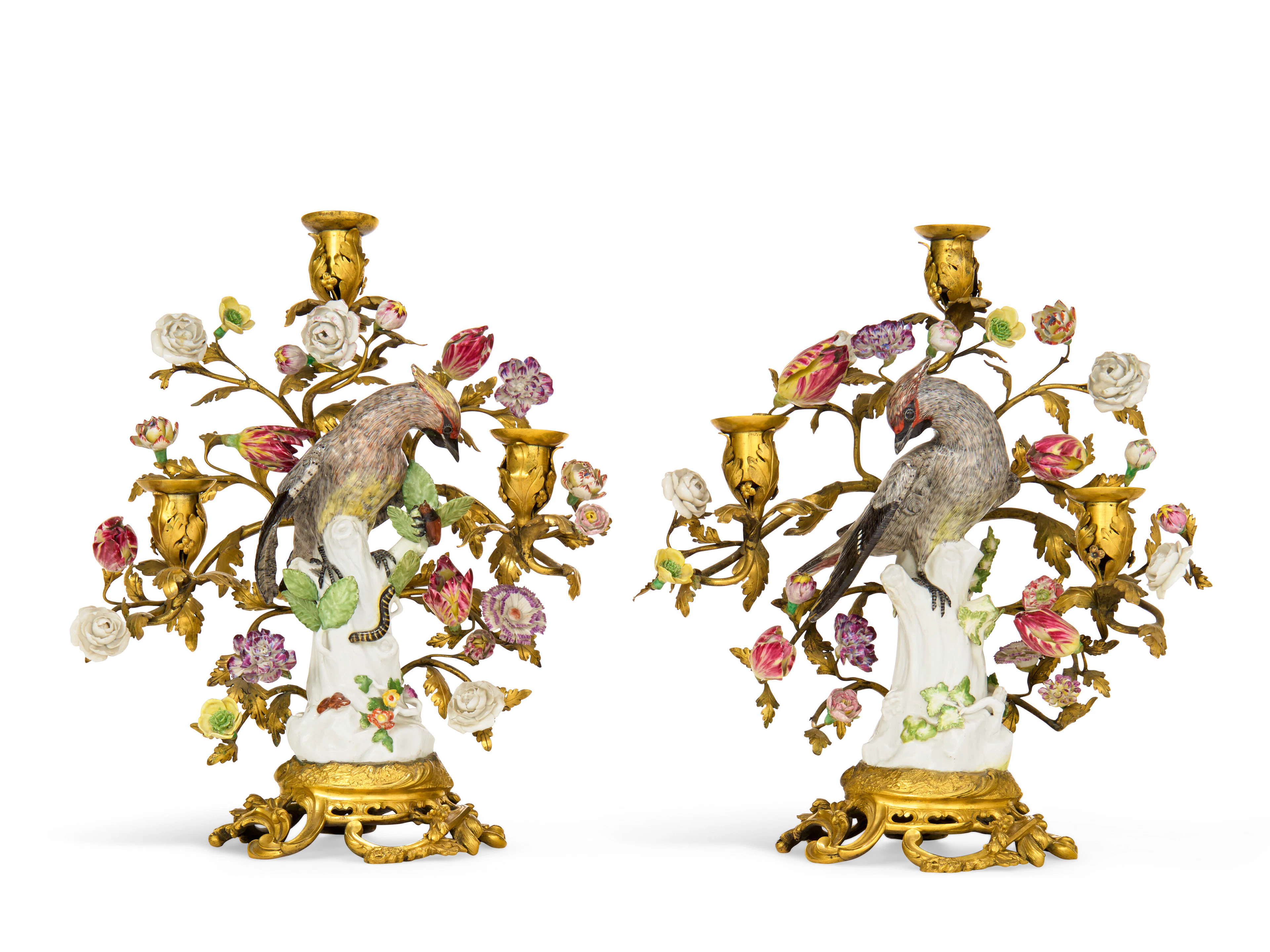 A PAIR OF LOUIS XV ORMOLU-MOUNTED MEISSEN PORCELAIN MODELS OF WAXWINGS