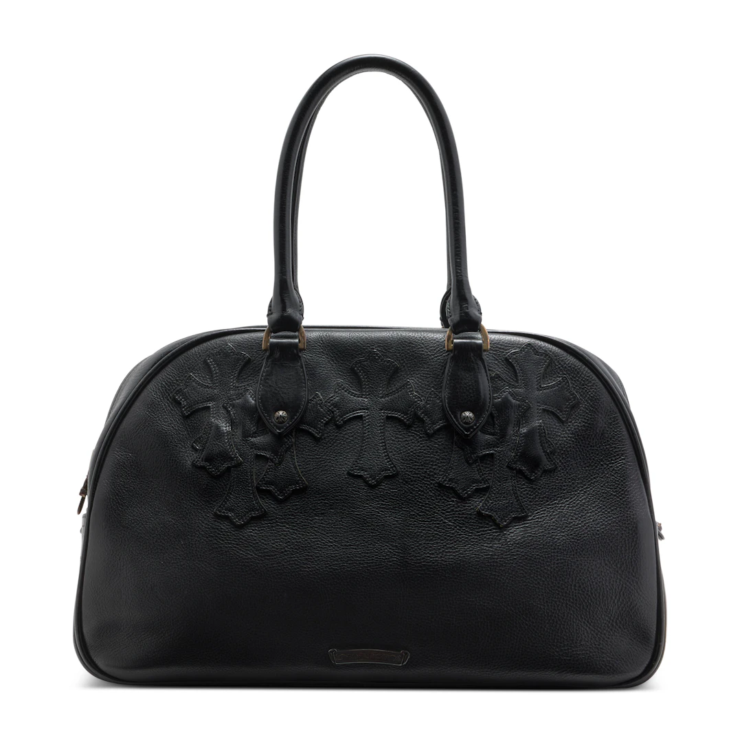 A Black Calfskin Leather Chrome Heart Cross Patches Bag with Silver Hardware