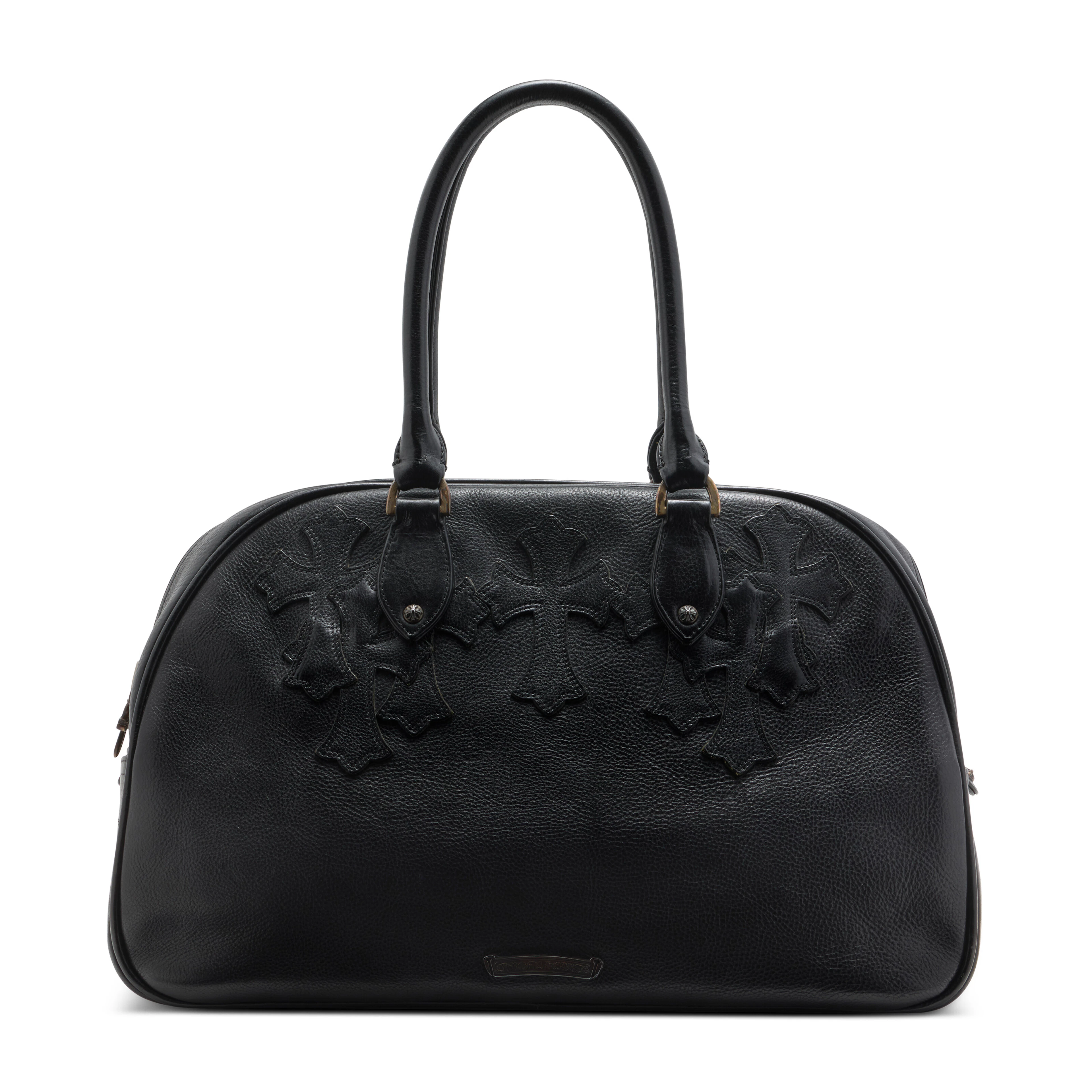 A Black Calfskin Leather Chrome Heart Cross Patches Bag with Silver Hardware