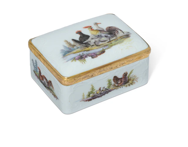 A Gilt-Metal-Mounted Meissen Porcelain Snuff-Box and Cover