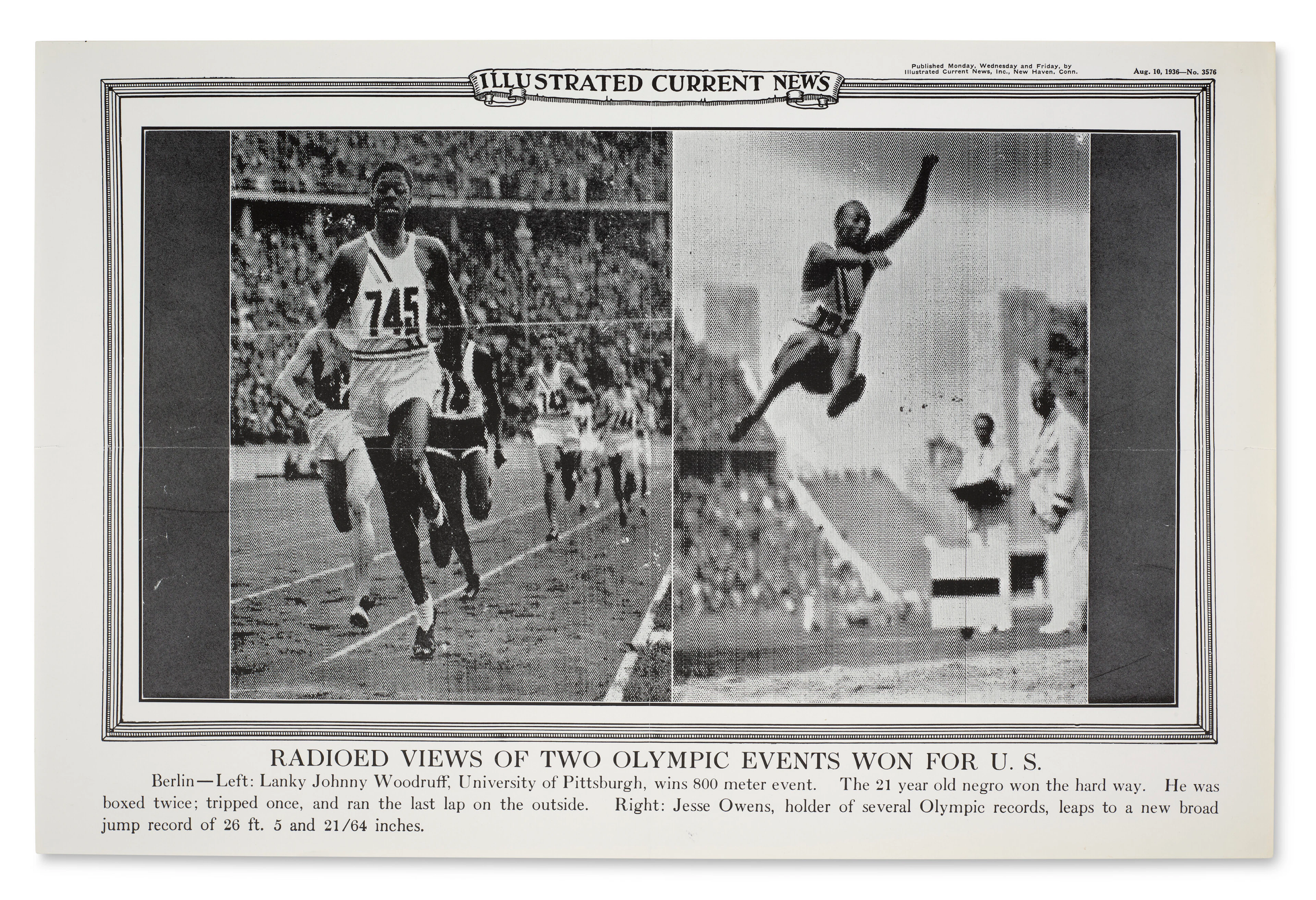 ILLUSTRATED CURRENT NEWS POSTER OF JESSE OWENS AND JOHN WOODRUFF AT