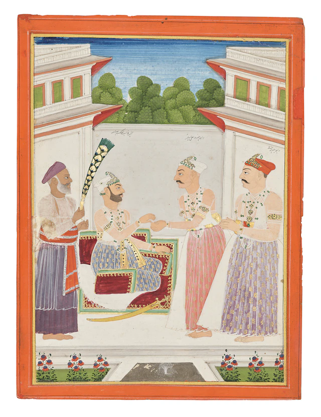 Nawab Al-Mulk Munir of Hyderabad Receiving Rajab Chandu Lal Bahadur and Son