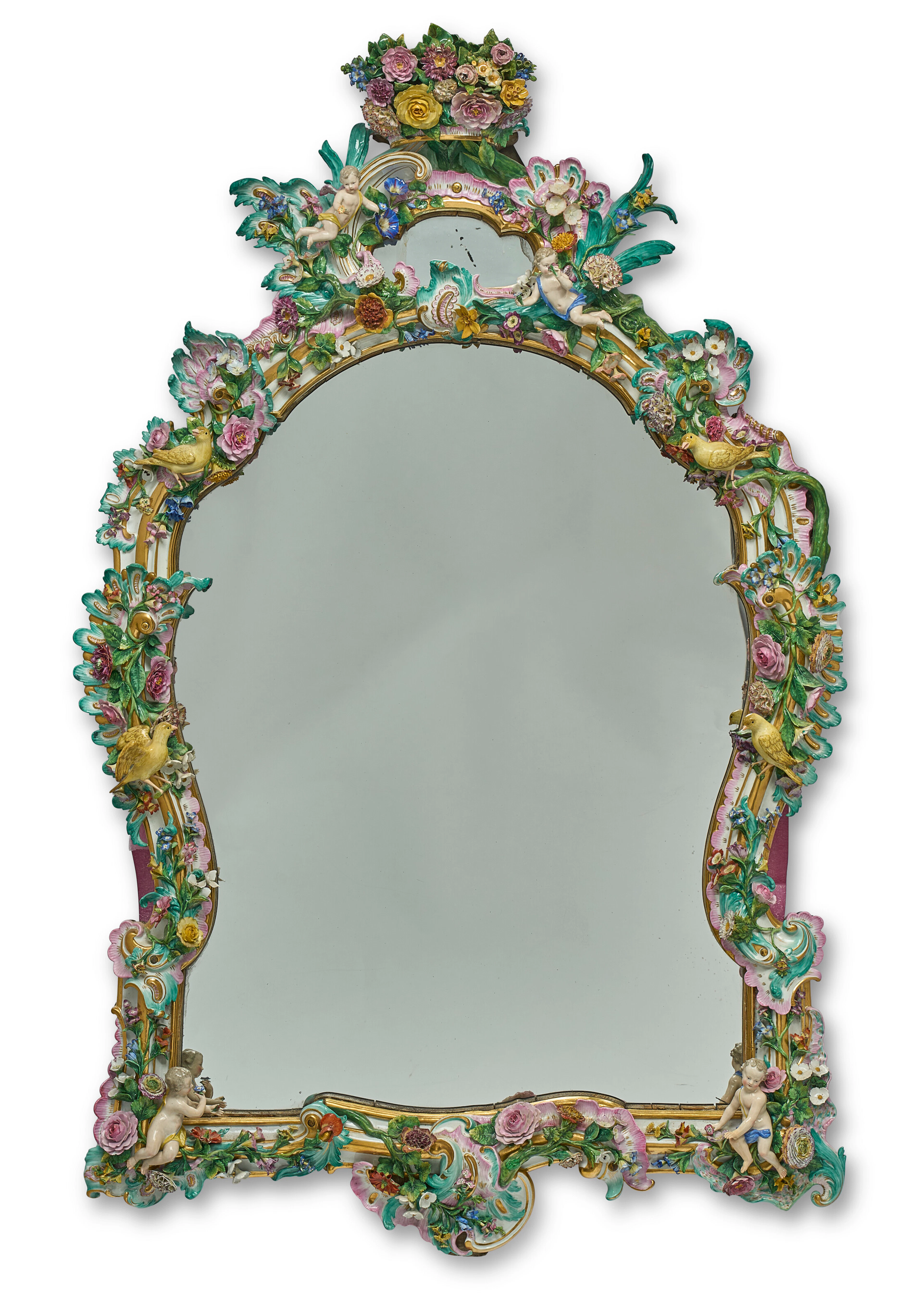 A Large Meissen Porcelain Flower-Enrcusted Figural Mirror Frame