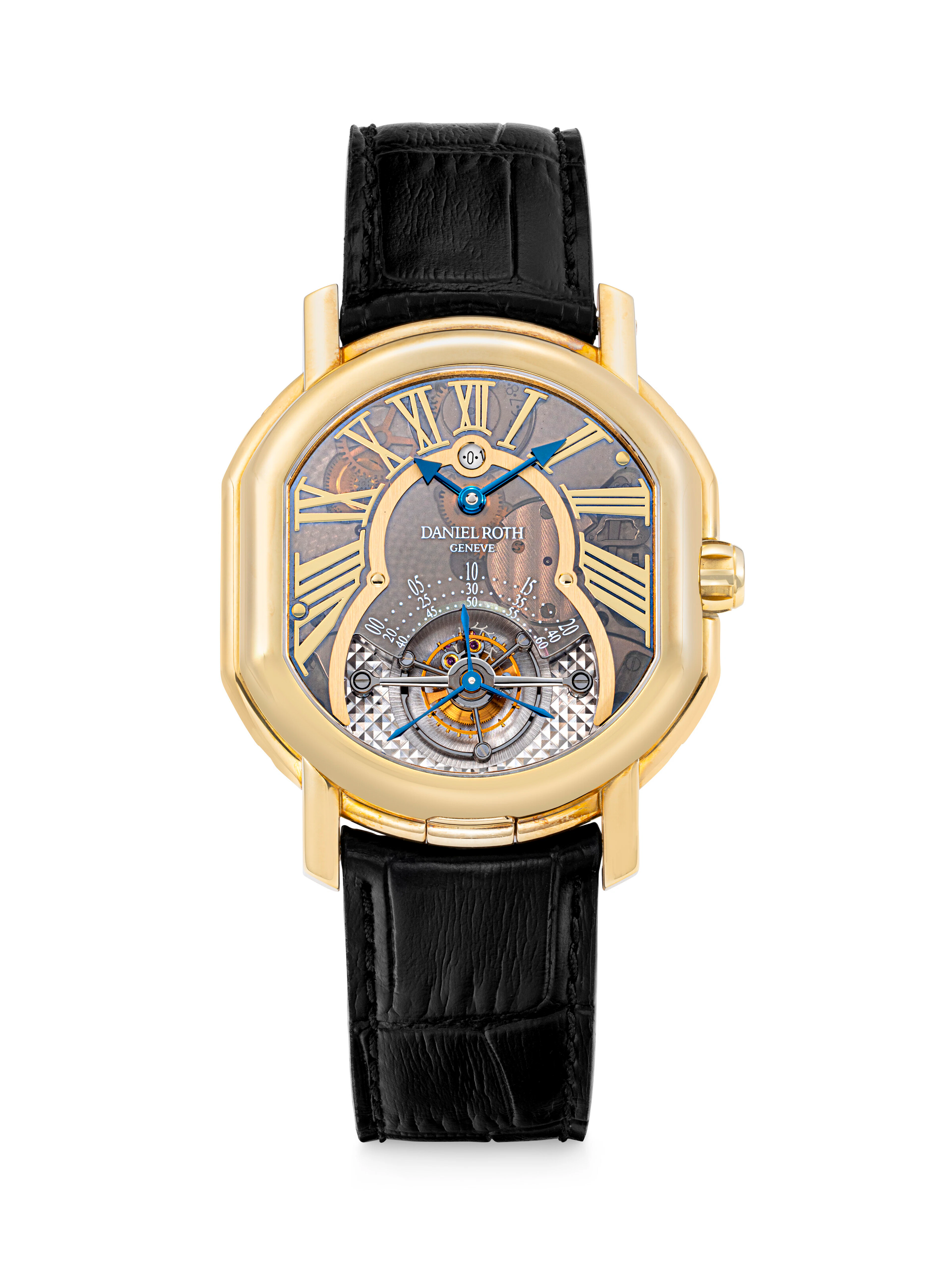 DANIEL ROTH. AN UNUSUAL 18K GOLD PERPETUAL CALENDAR TOURBILLON DOUBLE