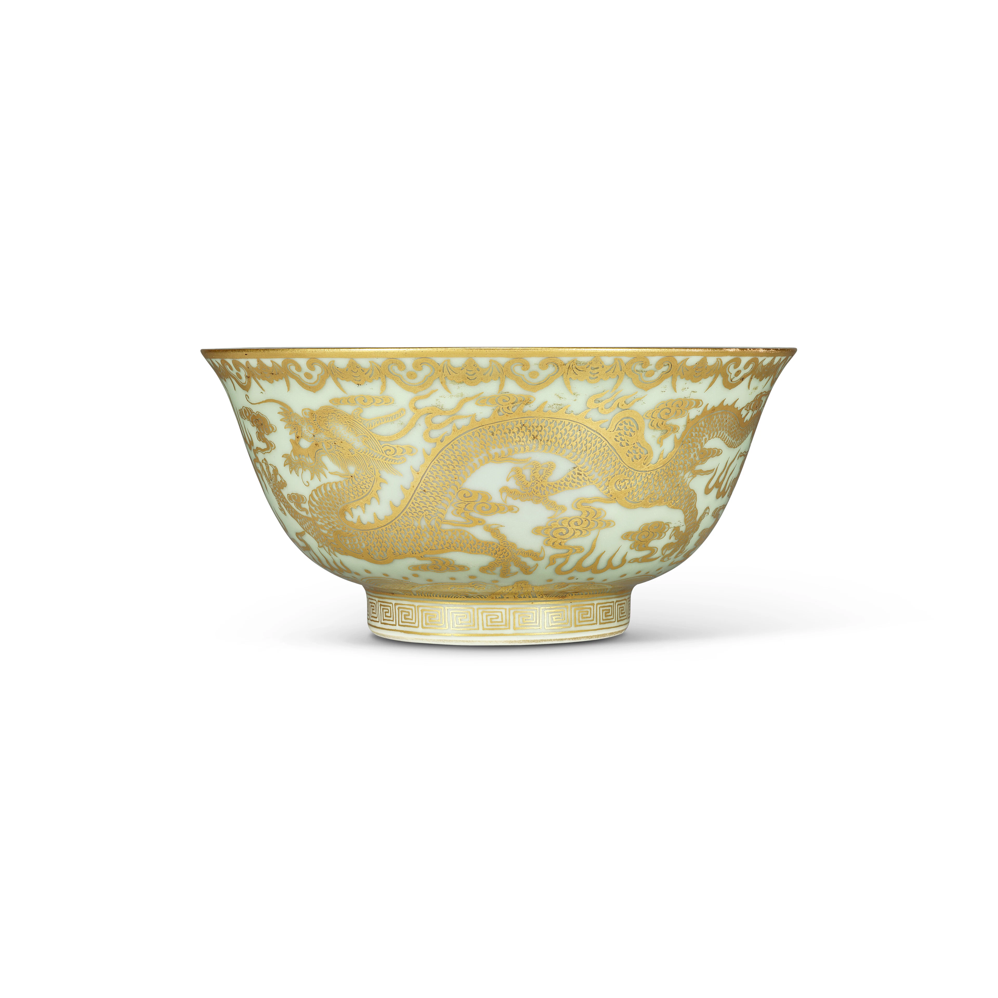 A Rare Gilt-Decorated Celadon-Glazed Ground ‘Dragon’ Bowl