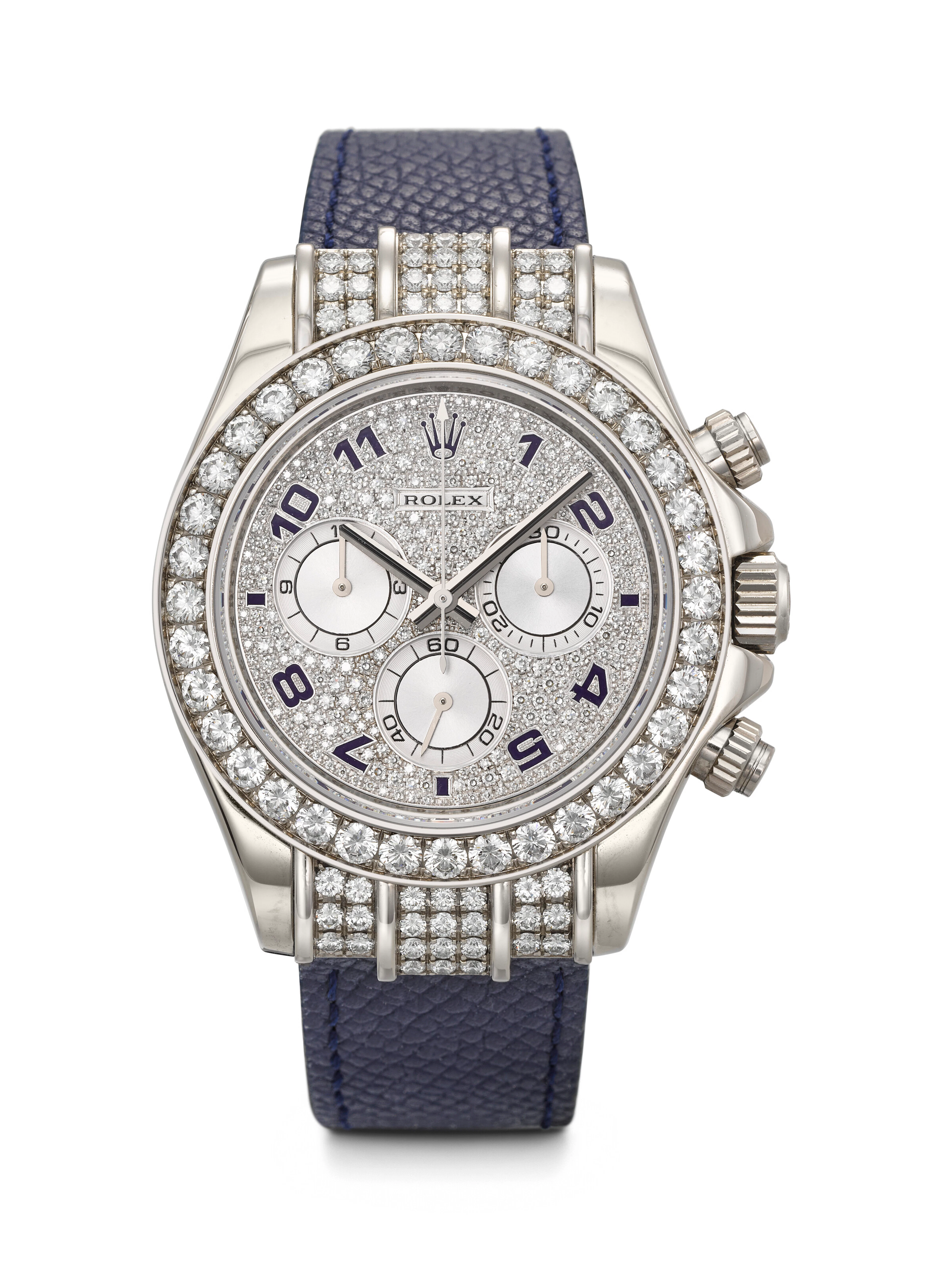 ROLEX. A SUPERB 18K WHITE GOLD AND DIAMOND-SET AUTOMATIC CHRONOGRAPH WRISTWATCH