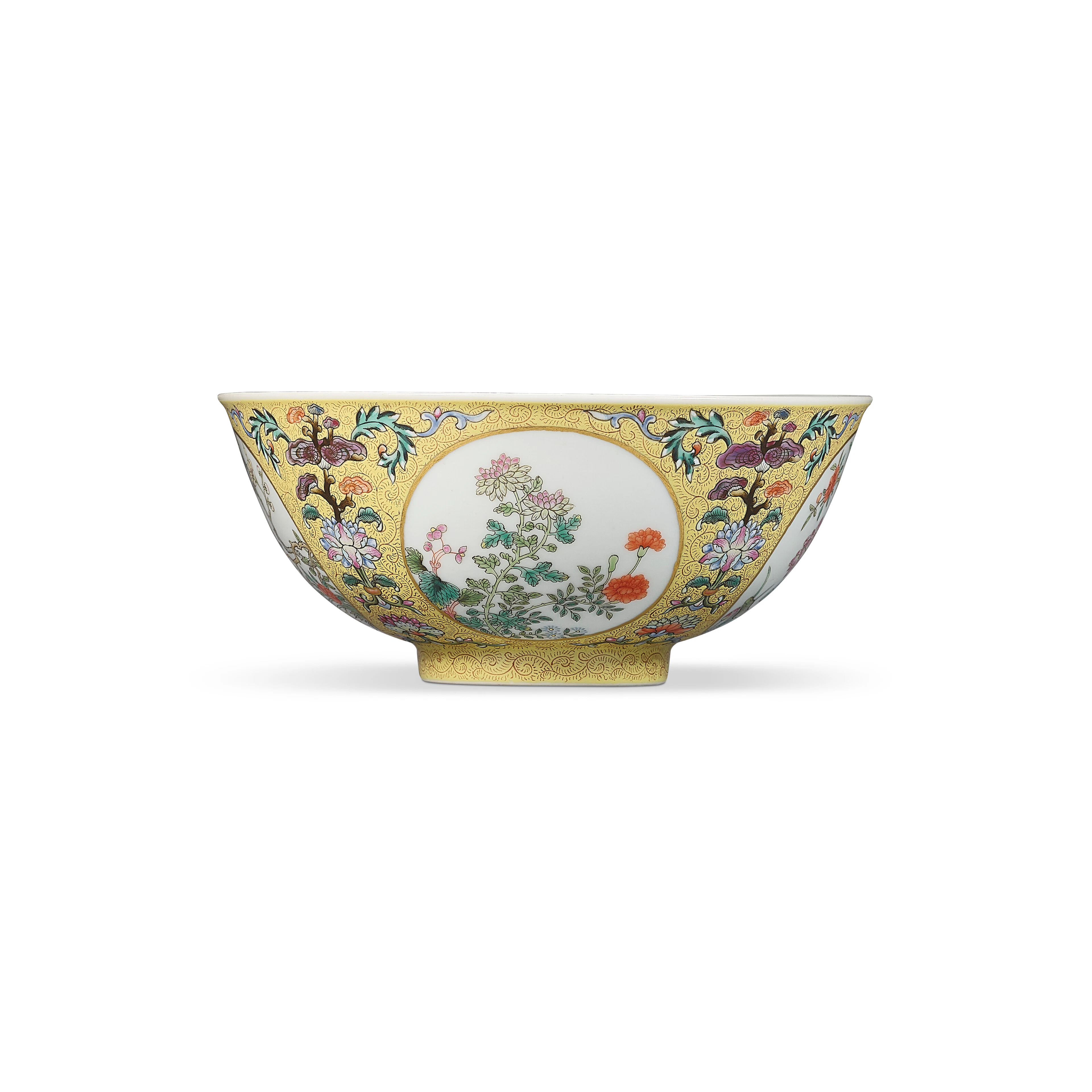 A FINE YANGCAI ‘BROCADE’ YELLOW-GROUND ‘MEDALLION’ BOWL