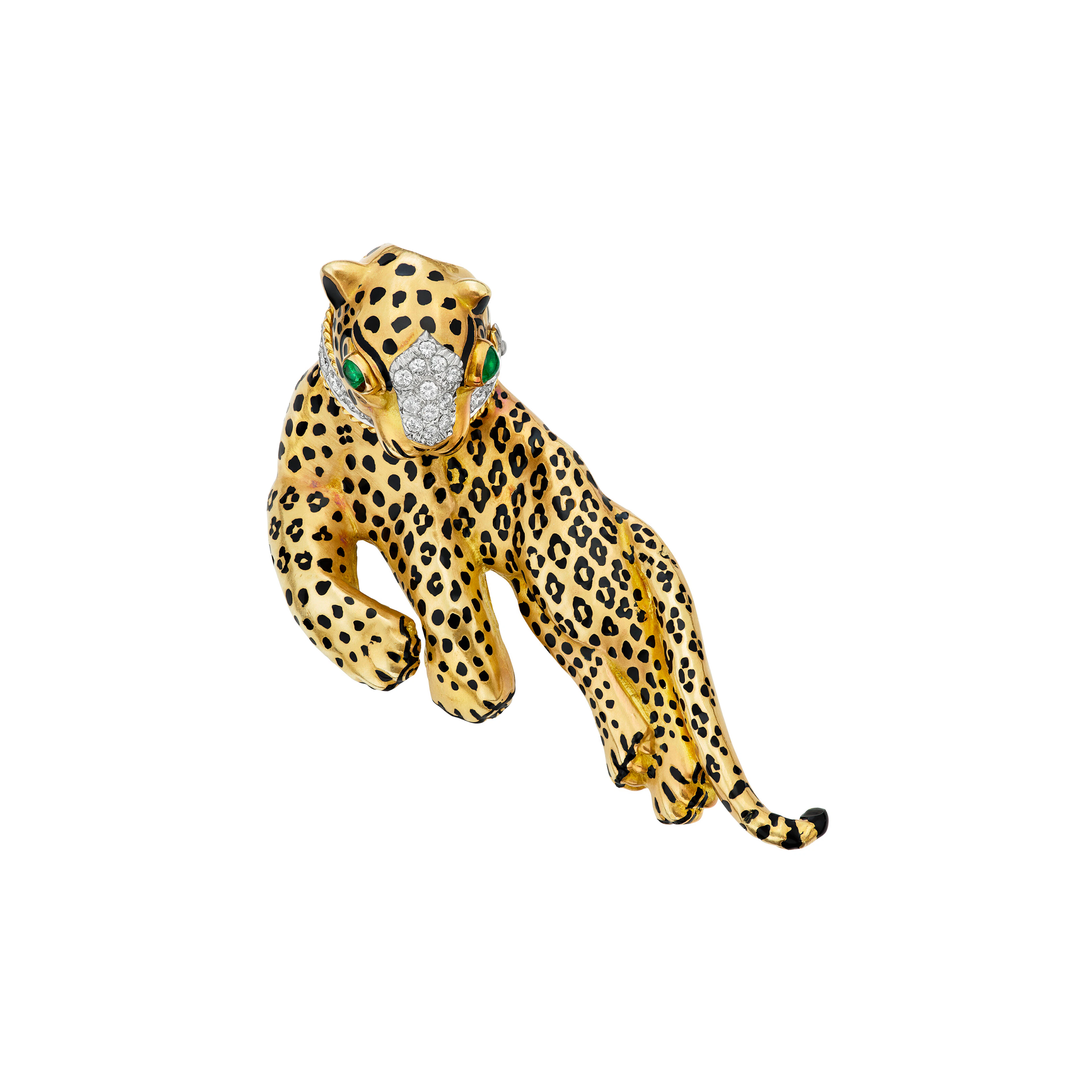 David Webb Emerald, Diamond and Enamel Leopard Brooch
