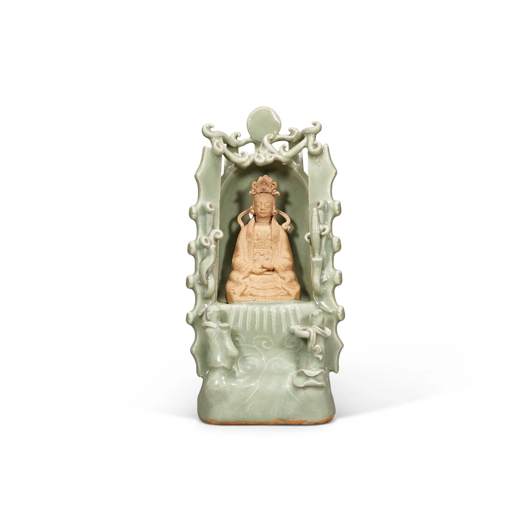 A Rare Longquan Celadon-Glazed and Biscuit Shrine of Guanyin