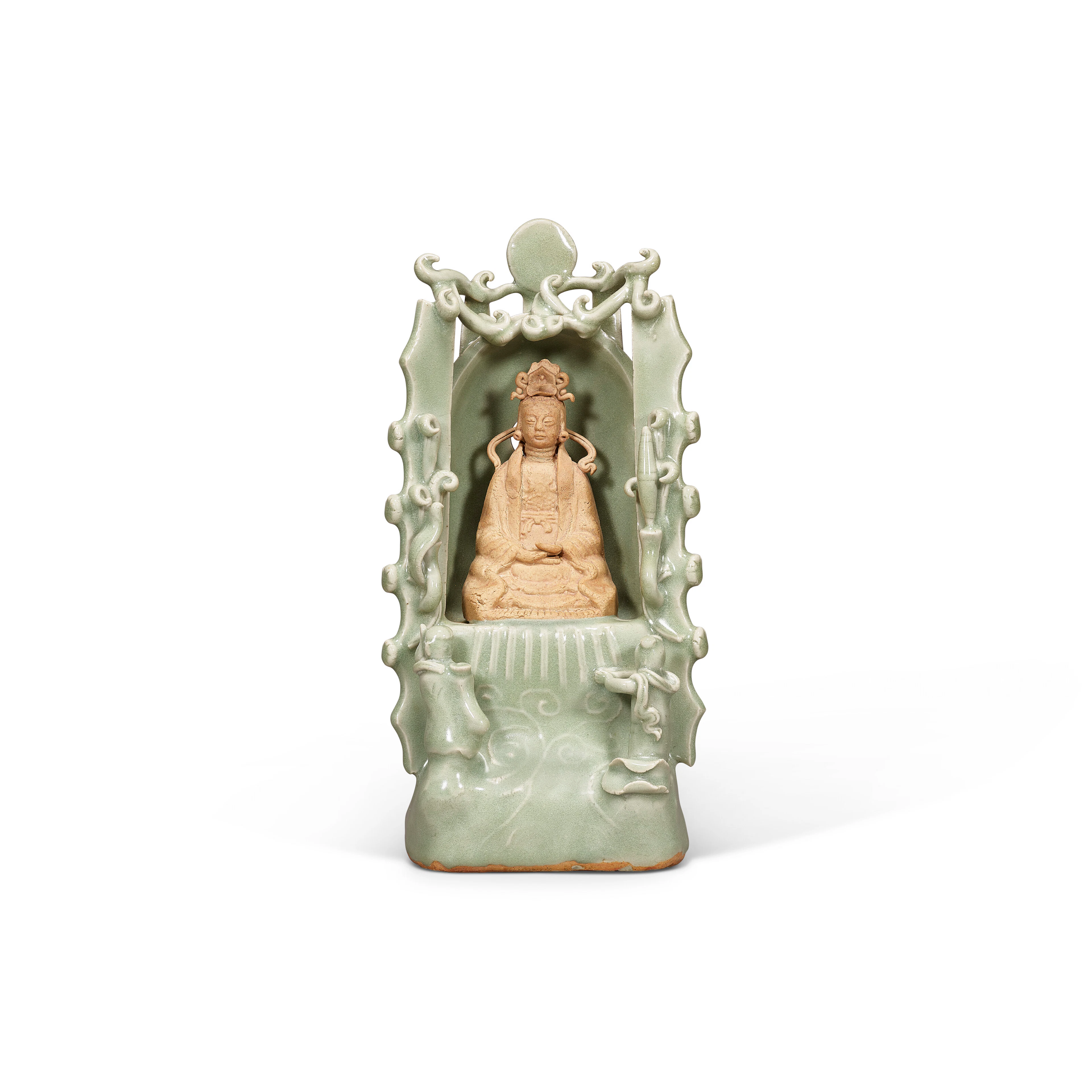 A Rare Longquan Celadon-Glazed and Biscuit Shrine of Guanyin