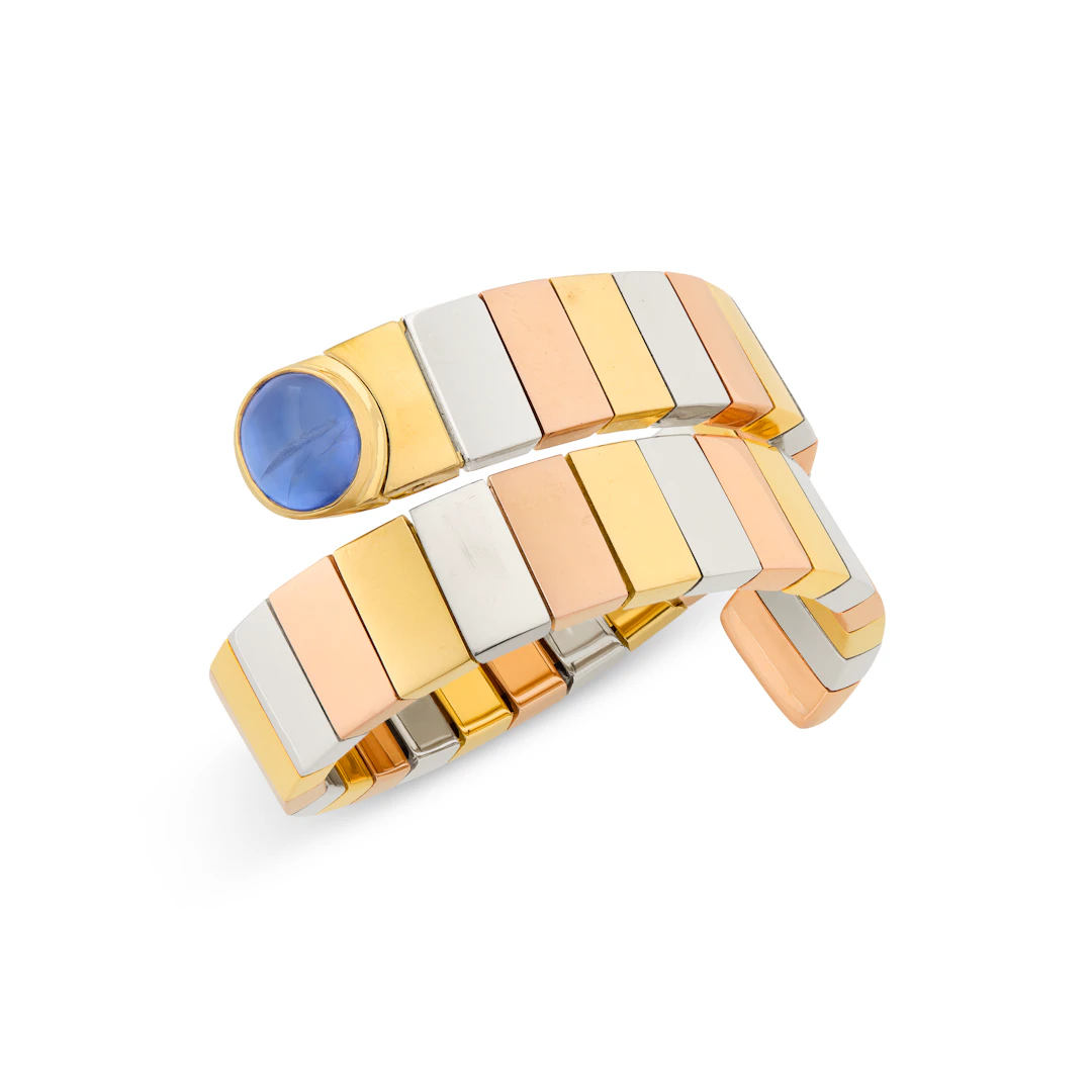 Bulgari Sapphire and Tri-Colored Gold 'Tubogas' Cuff Bracelet