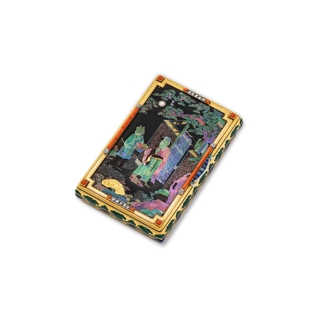 Cartier Art Deco Multi-Gem, Laque Burgauté and Enamel Vanity Case