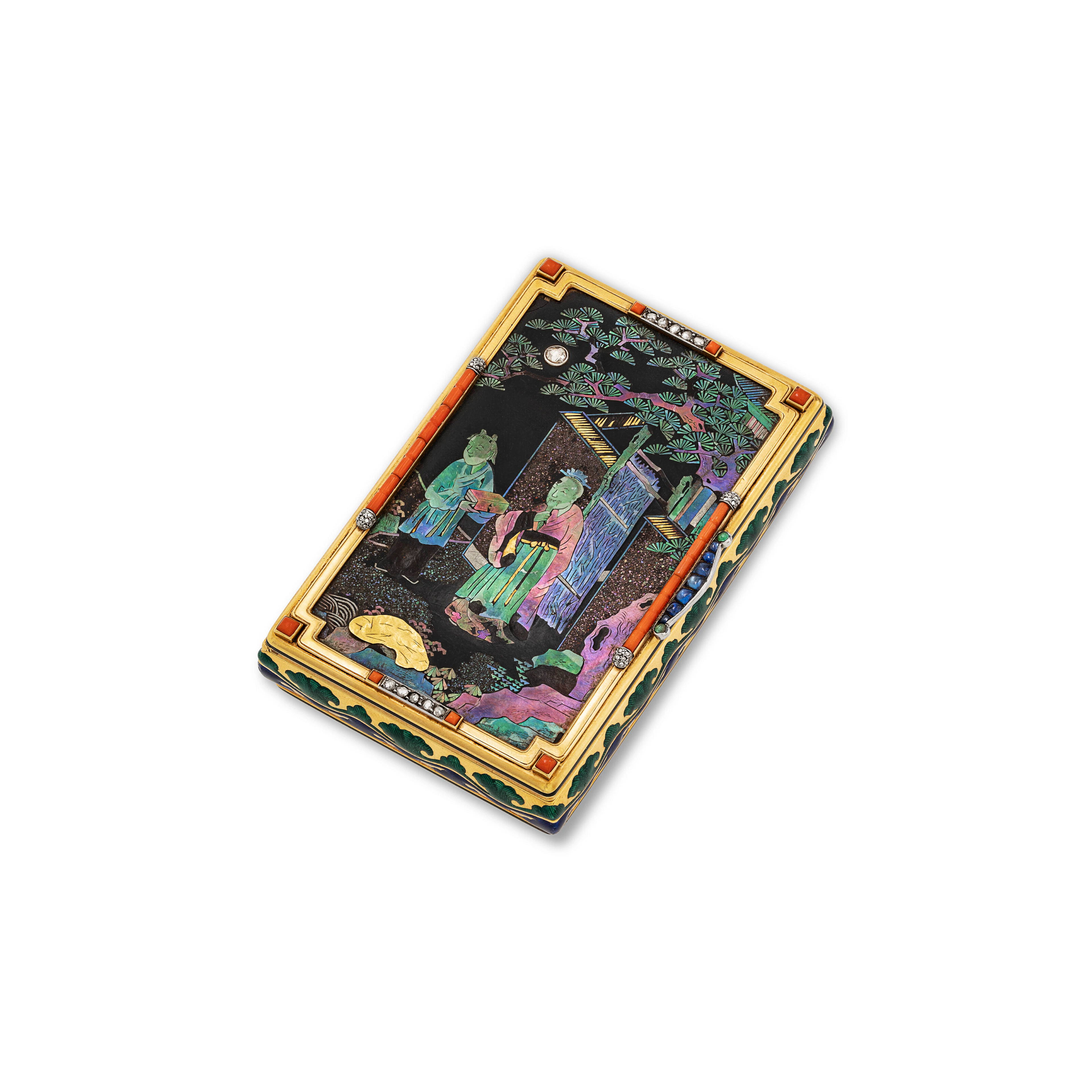Cartier Art Deco Multi-Gem, Laque Burgauté and Enamel Vanity Case