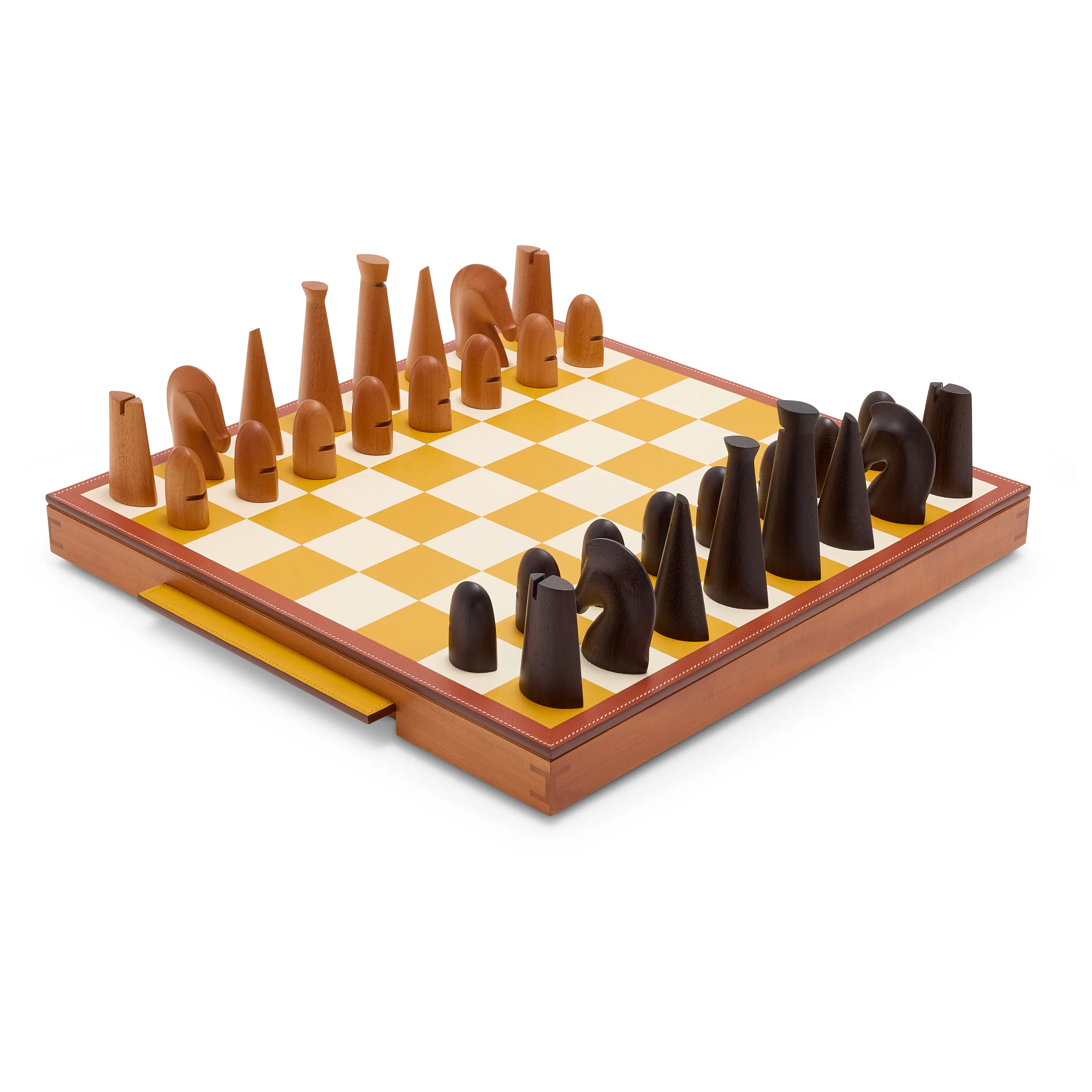 A Sesame Epsom Leather, Mahogany & Cassia Wood Samarcande Chess Set