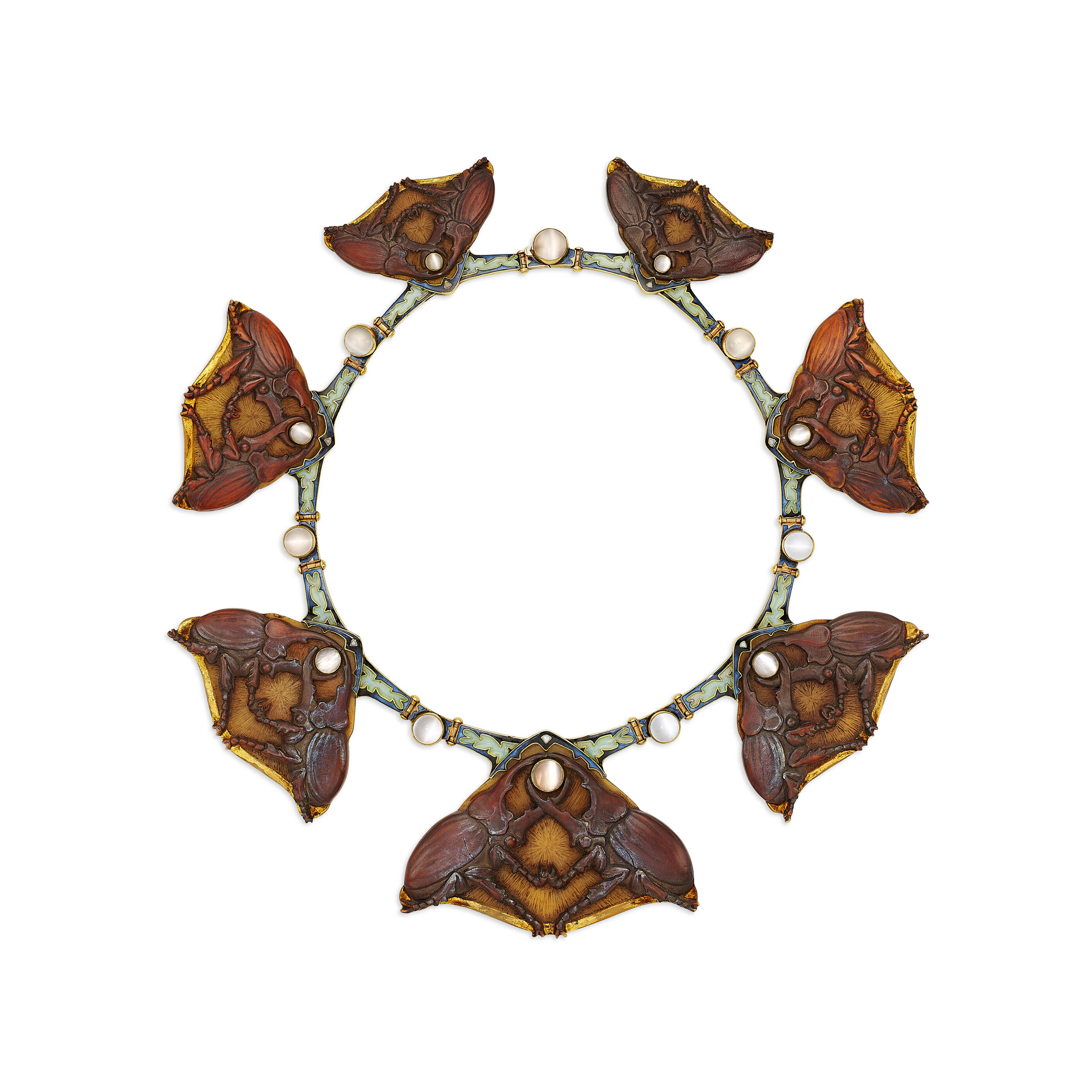 A RARE RENÉ LALIQUE ART NOUVEAU HORN, MOONSTONE AND ENAMEL NECKLACE