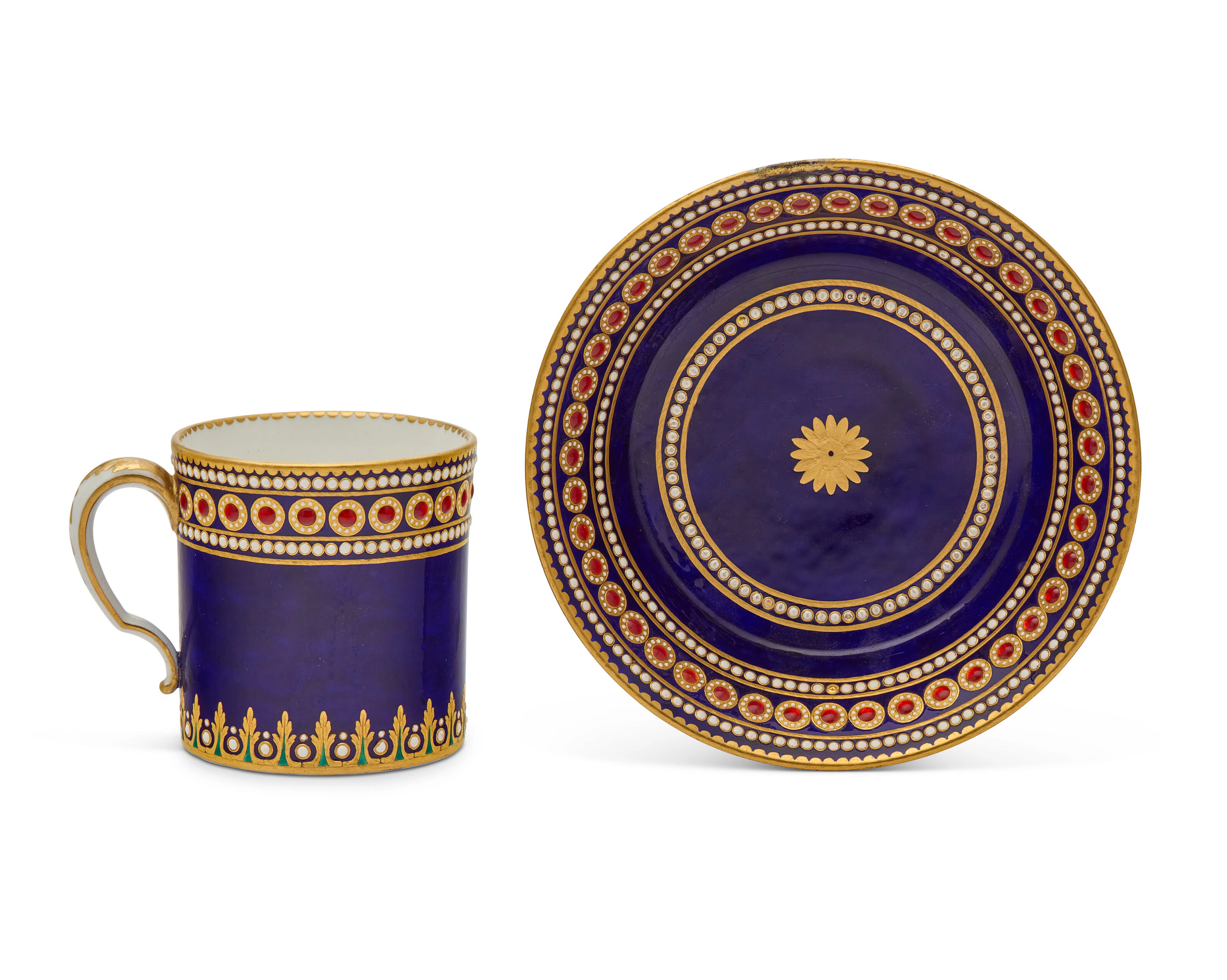 A Sevres Porcelain 'Bleu Nouveau' 'Jeweled' Cup and Saucer (Gobelet
