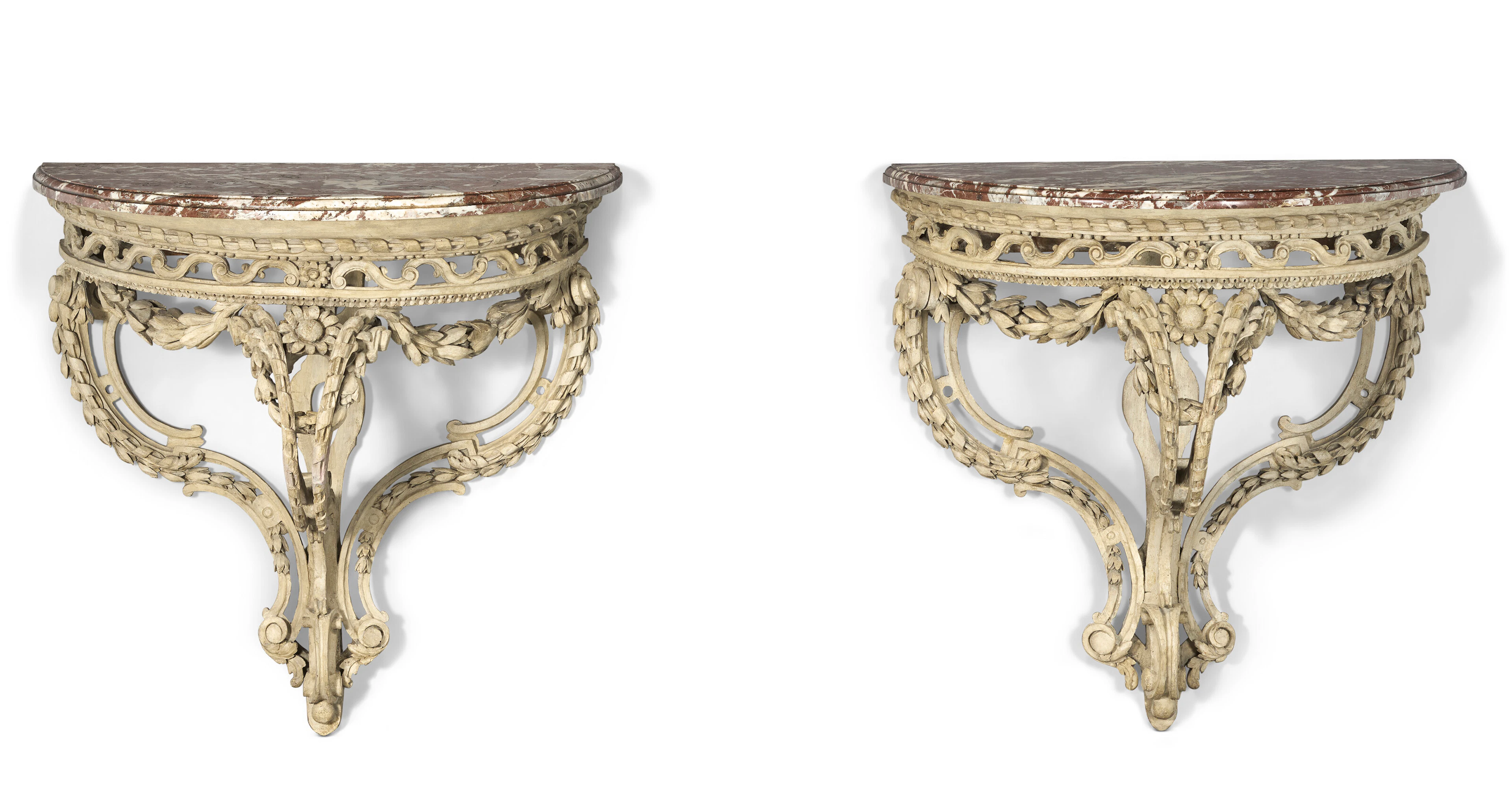 A Pair of Louis Xvi Grey-Painted Demilune Console Tables