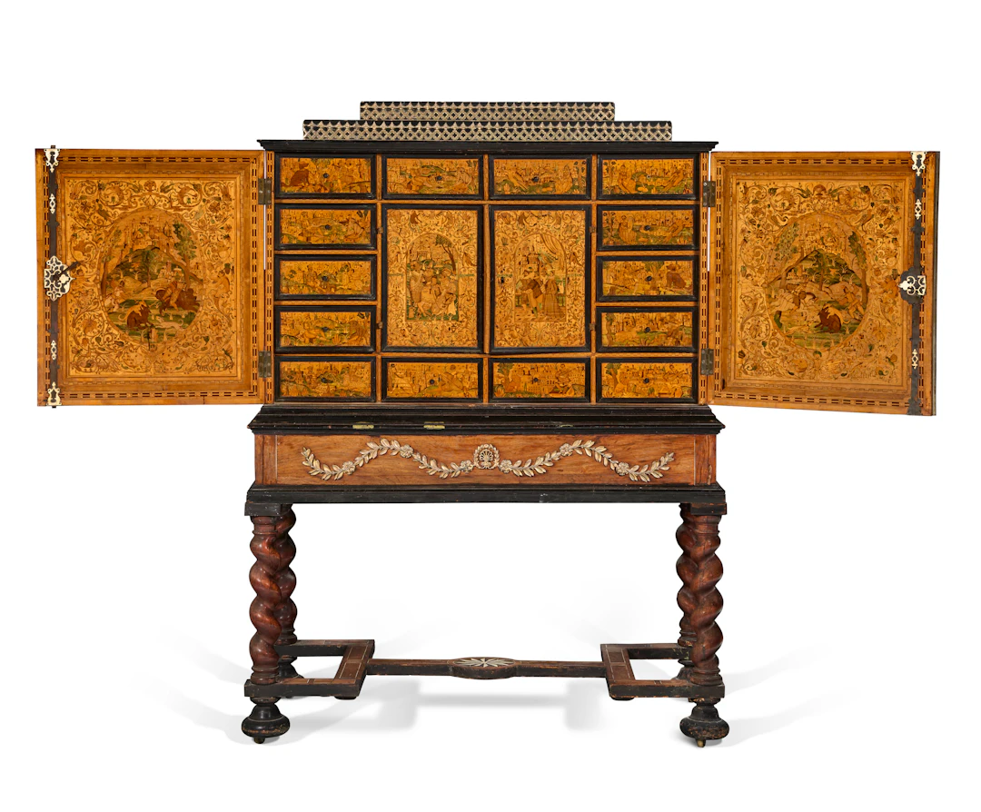 A South German Gilt-Metal-Mounted Fruitwood, Sycamore, Ebony and Ebonized