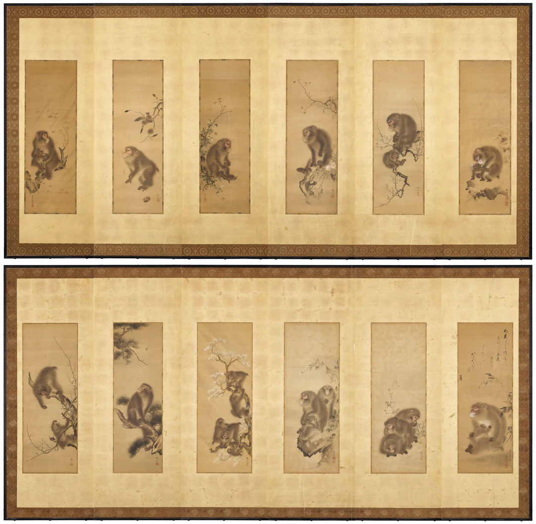 A Pair of Six-Fold 'Snow Monkey' Screens