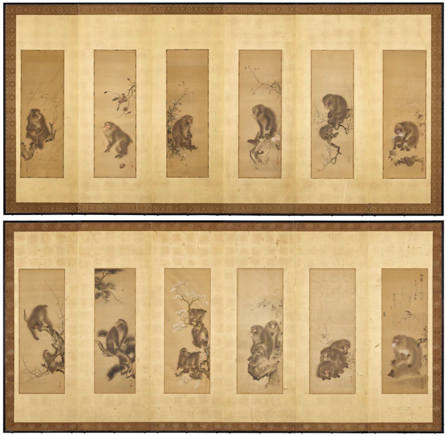A Pair of Six-Fold 'Snow Monkey' Screens