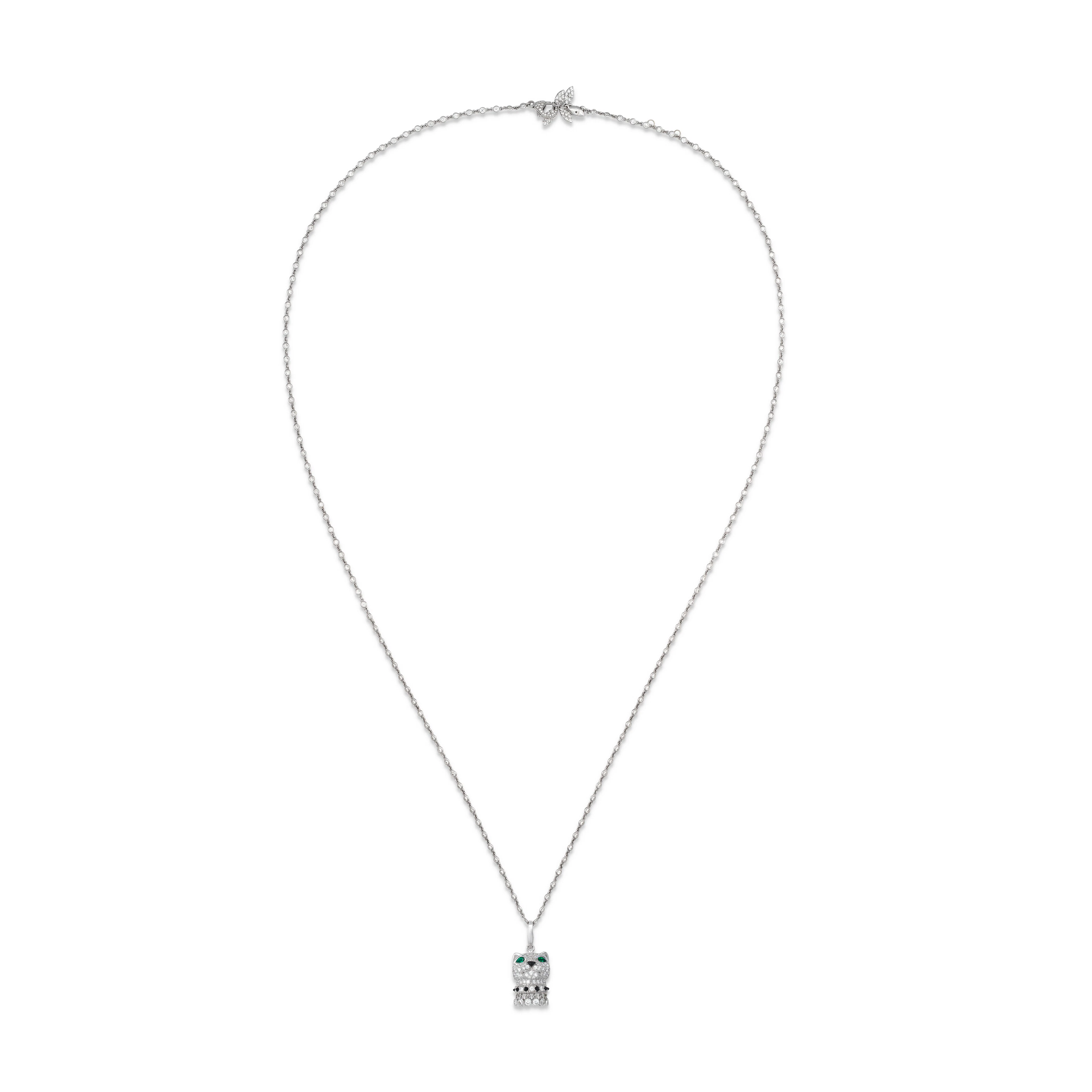 Cartier Diamond, Emerald and Onyx 'Panthère' Pendant with Diamond Chain