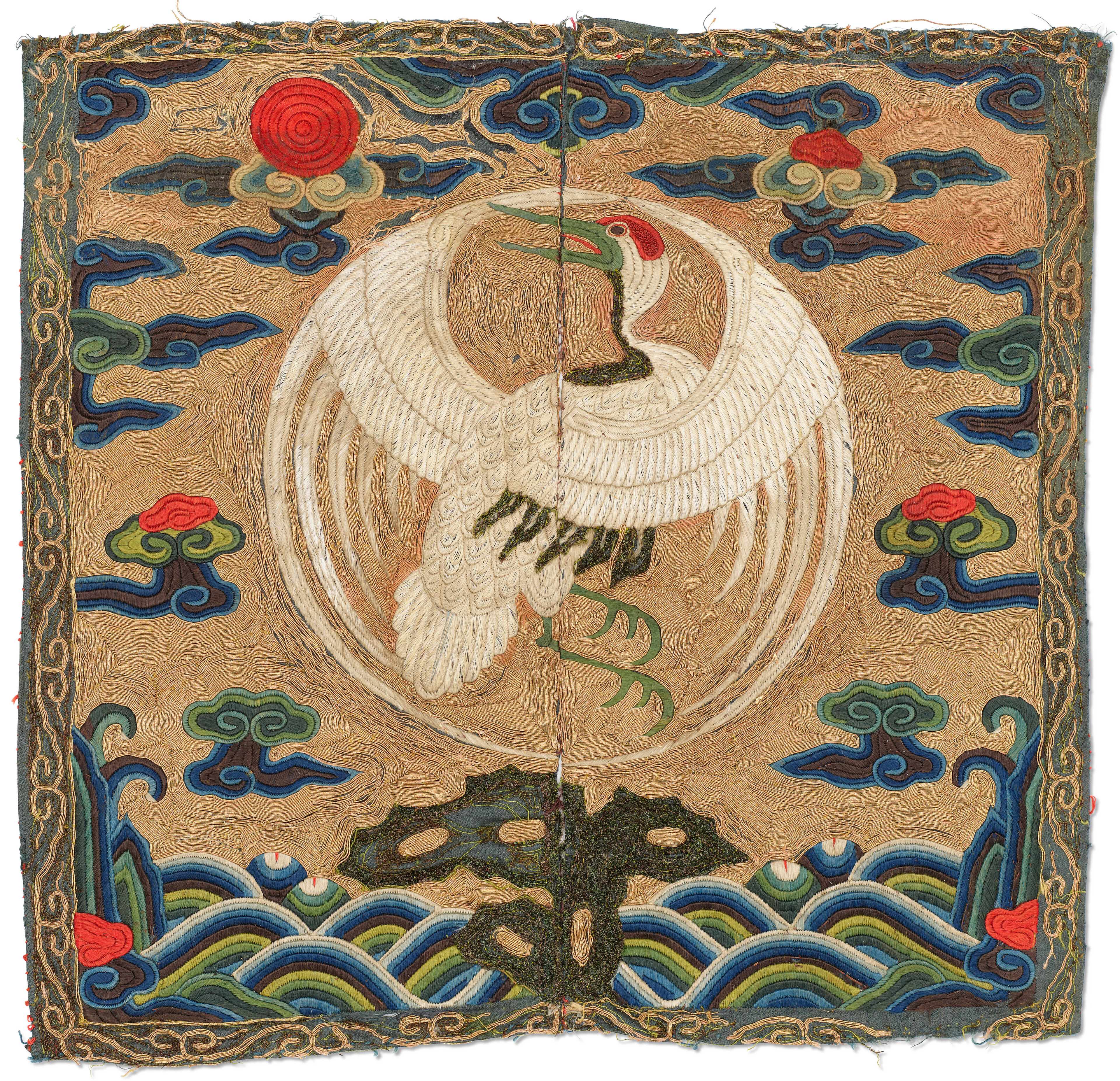 An Embroidered Gold-Ground Rank Badge of a Crane for a First-Rank